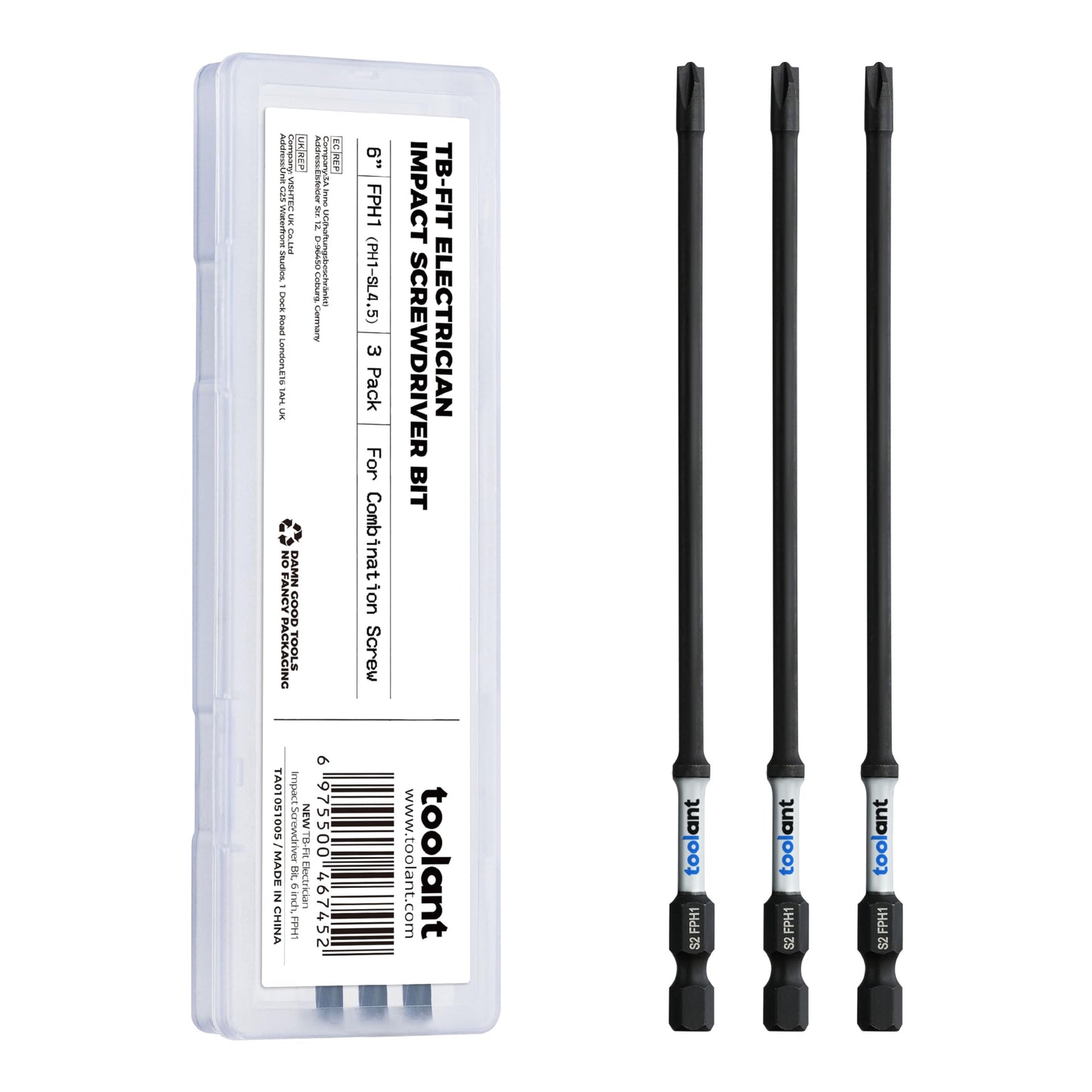 toolant 7pcs TB-Fit Electrician Impact Screwdriver Bit Set, FPH1（PH1-SL4.5）FPH2（PH2-SL6）Screwdriver Bit Set, 1/4” Hex-Shank S2 Steel, CNC Machined Tips with Magnetism,