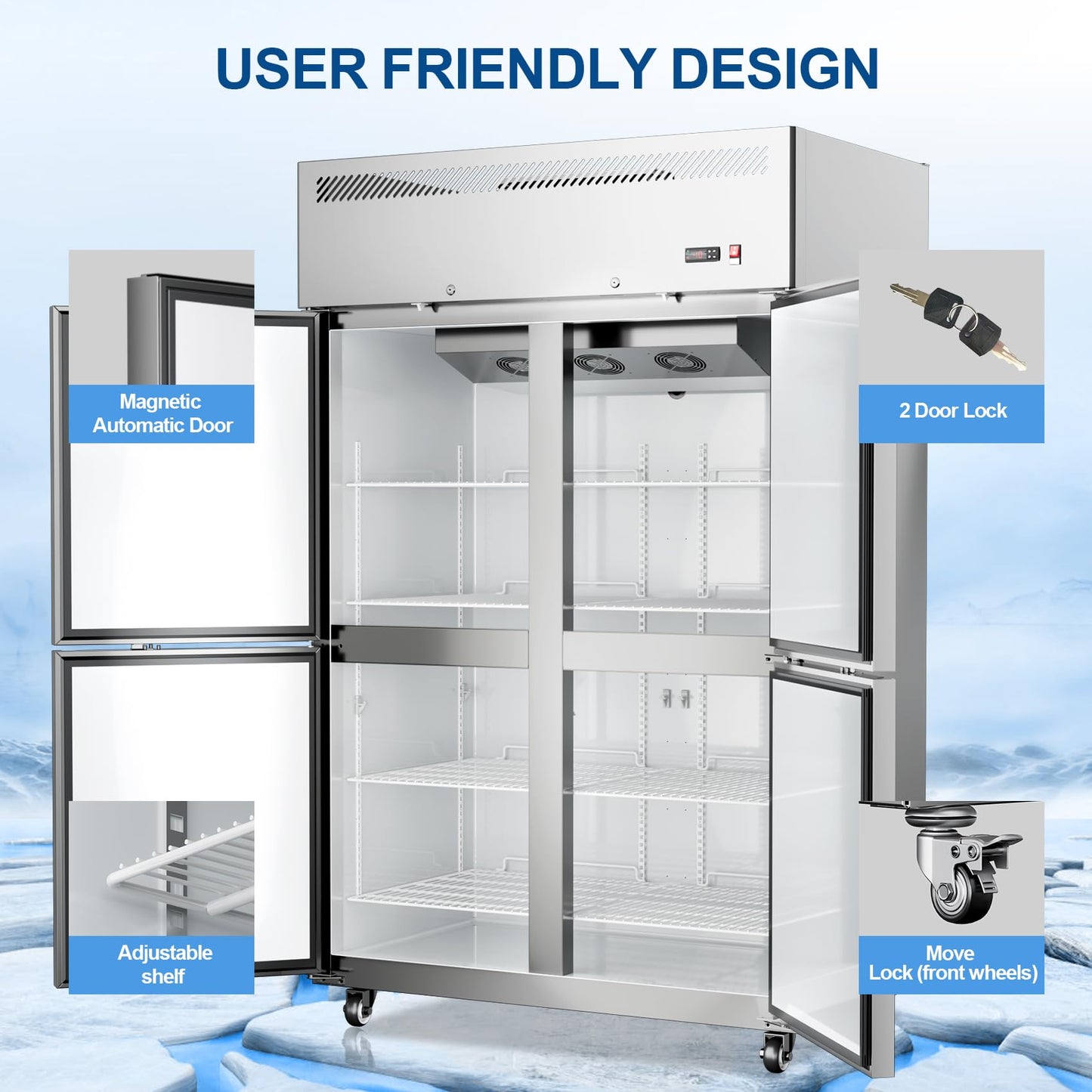 48" W 4 Door Commercial Refrigerator, 36 Cu.ft Stainless Steel Industrial Fridge (32℉~47℉) with 8 Adjustable Shelves, Lockable Door, Wheels, Auto-Defrost for Restaurant, Kitchen, Shop