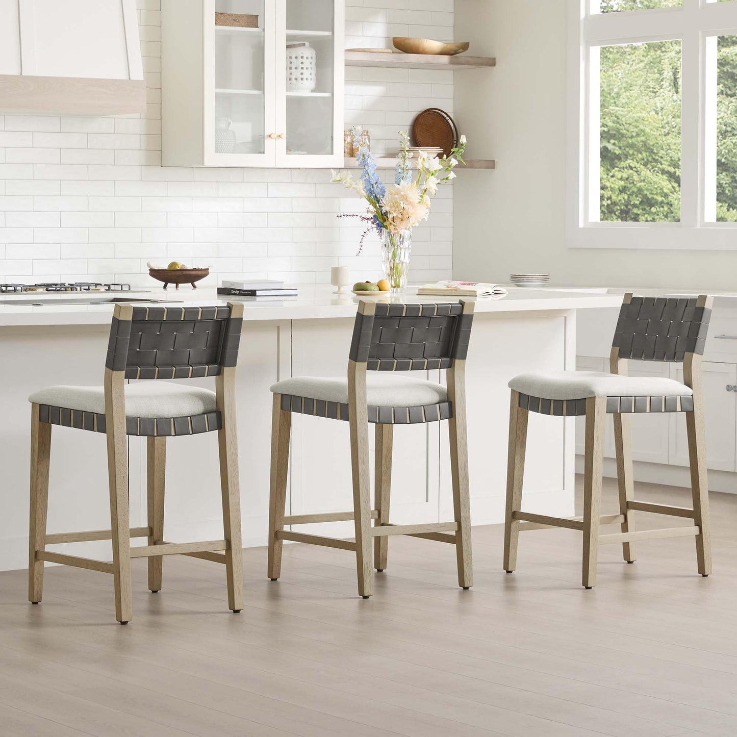 CHITA Woven Bar Stools Set of 2, 26" Counter Height Bar Stools with Backrest, Handwoven Counter Stools with Wood Frame for Kitchen Island & Home Bar, Saddle Brown