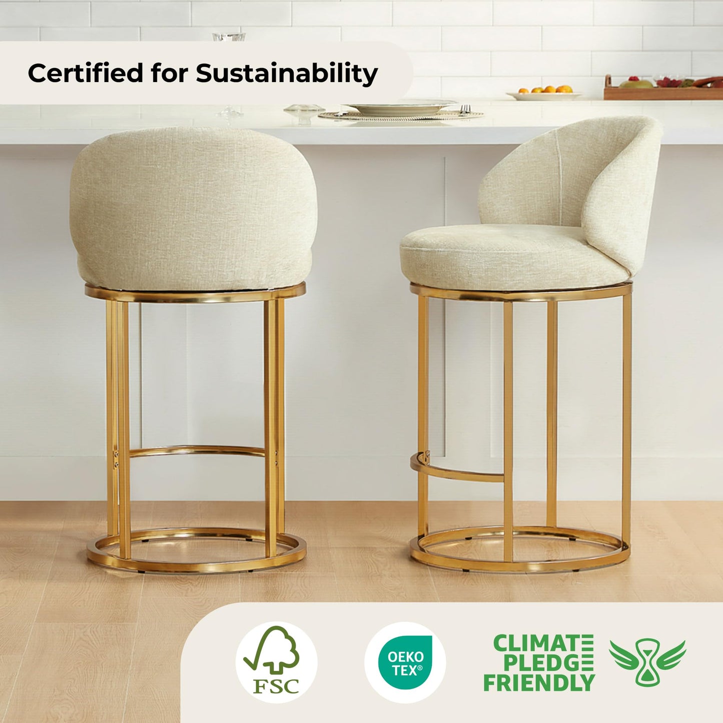 CHITA Swivel Counter Height Bar Stools Set of 3, Upholstered Bar Chairs with Backrest, Sturdy Metal Base, 26.8" Seat Height for Kitchen Island & Home Bar, Sand