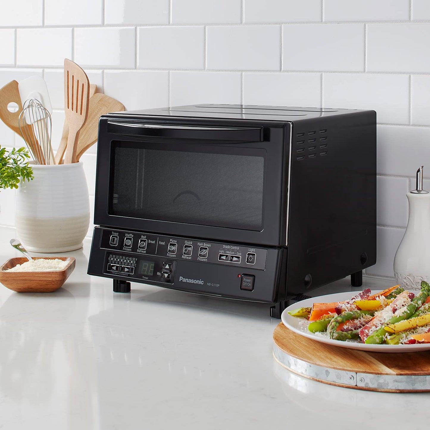 Panasonic FlashXpress Toaster Oven Countertop, 4-Slice Small Toaster Oven Compact Size with Double Infrared Heating, 6 Auto Cook Options and Precise Temperature Control, 1300W - NB-G110P (Silver)