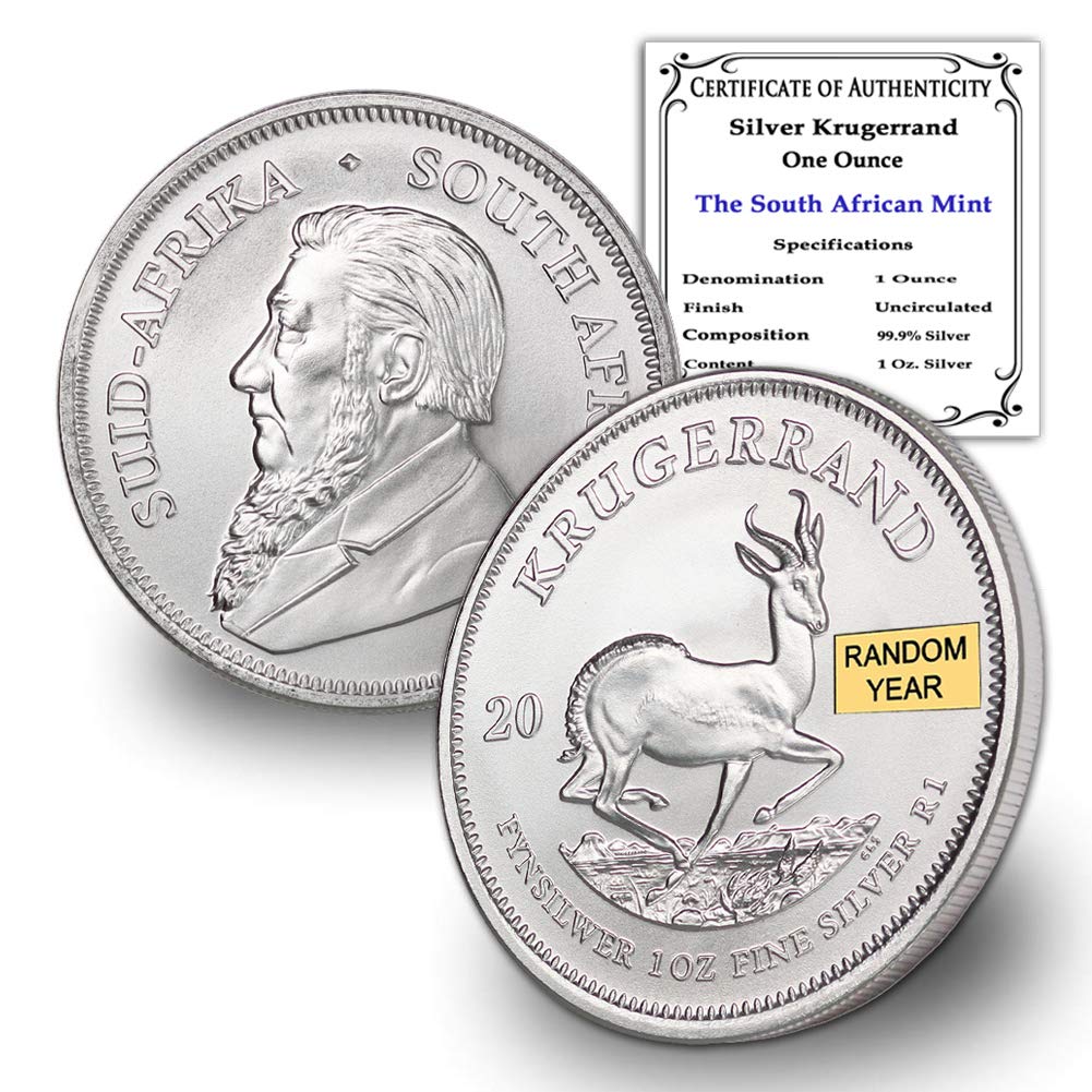 2017 - Present (Random Year) 1 oz South African Silver Krugerrand Coin Brilliant Uncirculated with a Certificate of Authenticity 1 Rand (R1) Seller BU