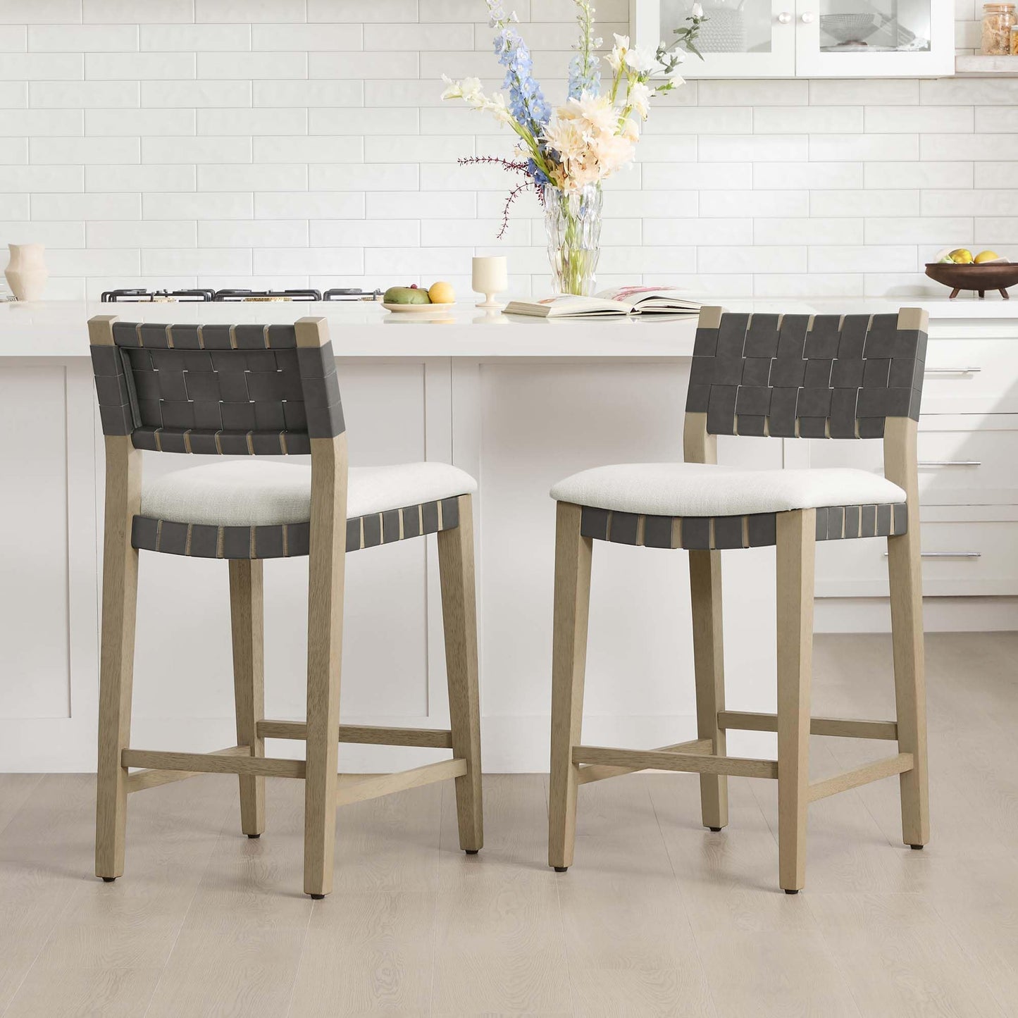 CHITA Woven Bar Stools Set of 2, 26" Counter Height Bar Stools with Backrest, Handwoven Counter Stools with Wood Frame for Kitchen Island & Home Bar, Saddle Brown