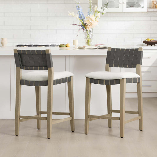 CHITA Woven Bar Stools Set of 2, 26" Counter Height Bar Stools with Backrest, Handwoven Counter Stools with Wood Frame for Kitchen Island & Home Bar, Saddle Brown