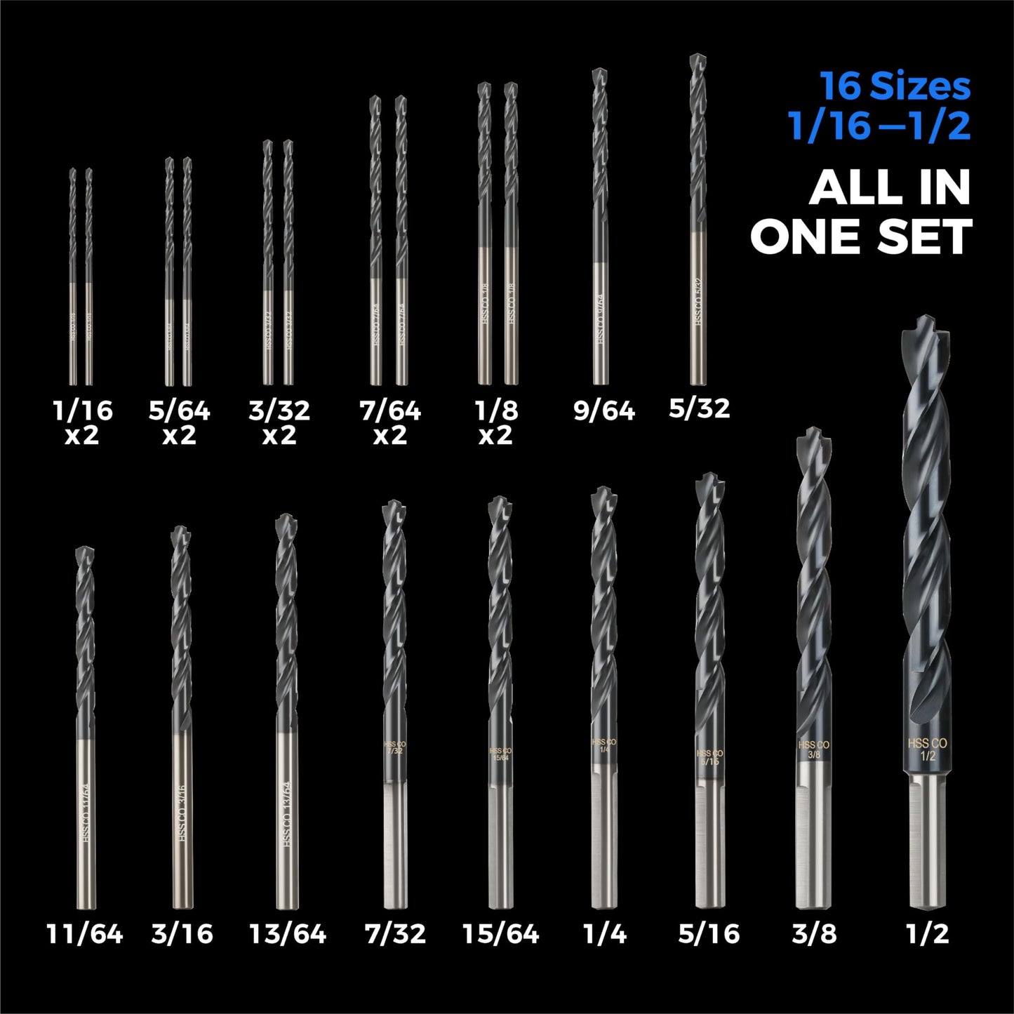 toolant 3/8" Cobalt Drill Bit Set(Pro) Titanium Aluminum Nitride Coated (TiAlN) with Bullet Point Tip, 5-Piece Bulk