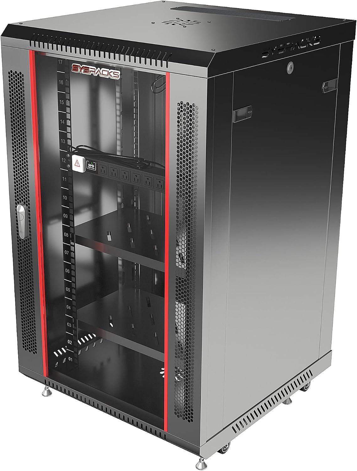 Sysracks Network Data Cabinet - 18U Rack Mount - Wall Mount IT Rack - Locking - Server Rack - 24-Inch deep Data Rack - Server Rack Cabinet with POWERBAR/Fan/Shelf/CASTERS for Servers - A/V Equipment