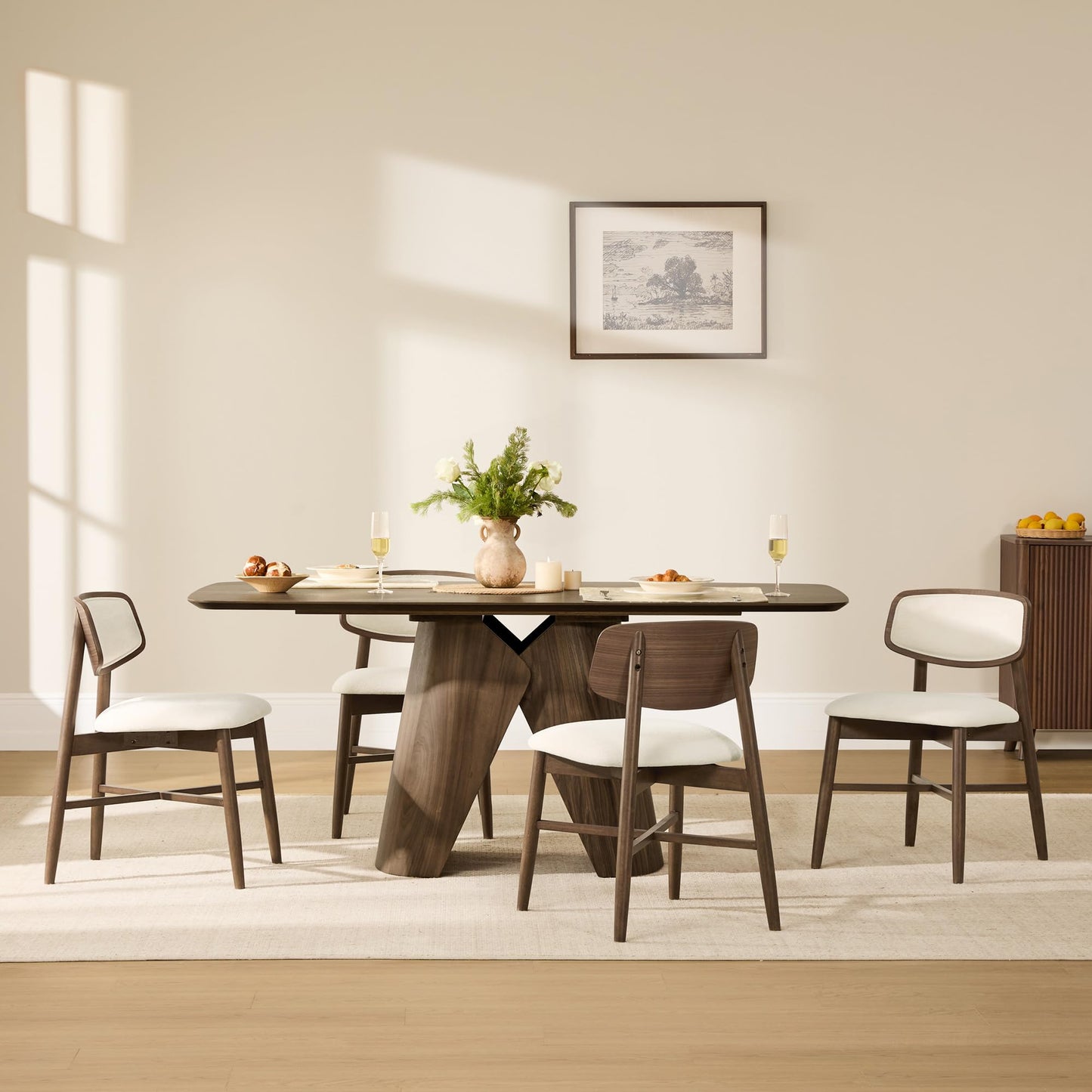 CHITA Soild Wood Dining Chairs Set of 4, Mid Century Modern Walnut Wood Kitchen Chairs with Curved Backrest, Dining Room Chair for Kitchen, Restaurant