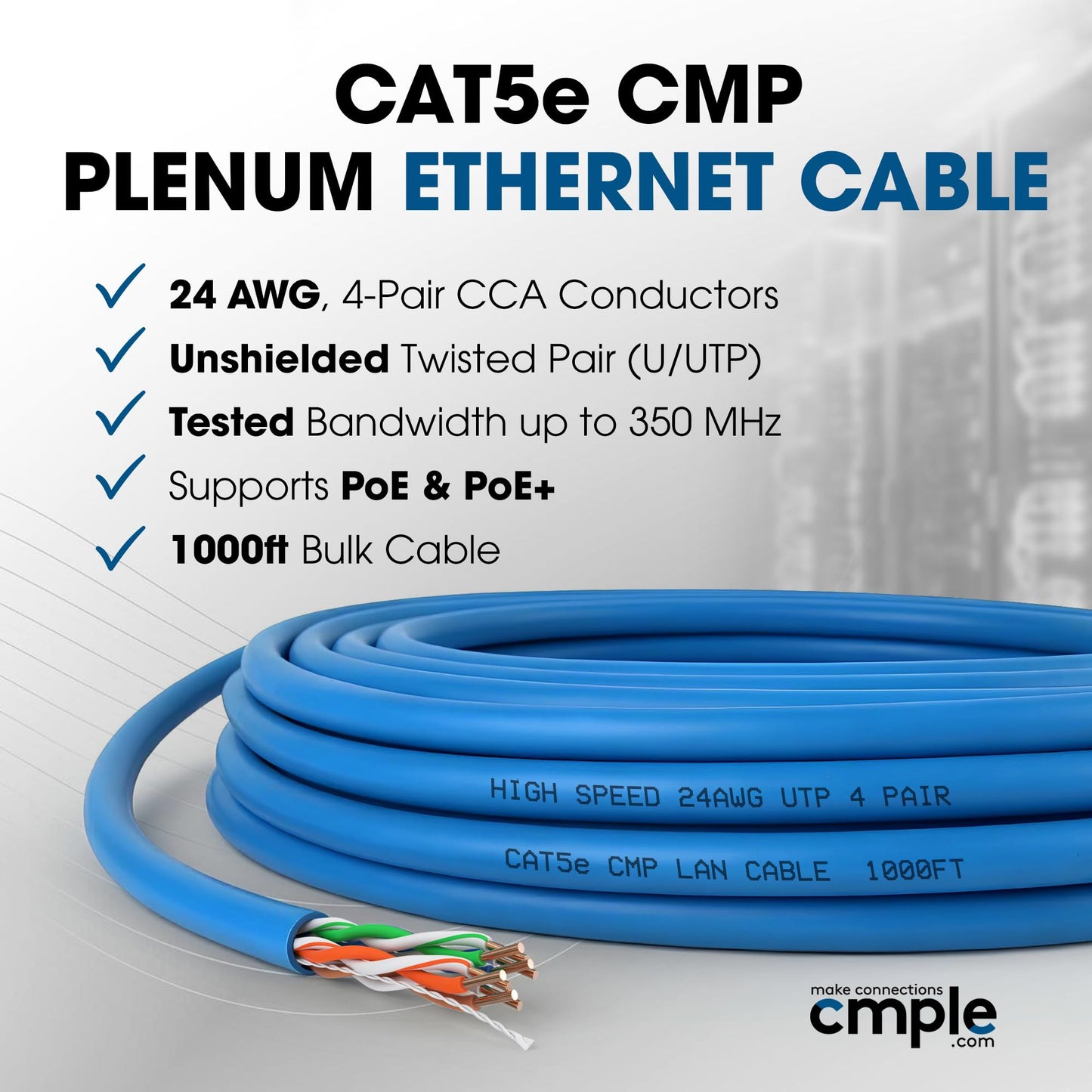 Cmple - Cat5e Plenum Cable 1000ft, CMP, Blue 350MHz Gigabit Ethernet Solid Network Internet Bulk UTP