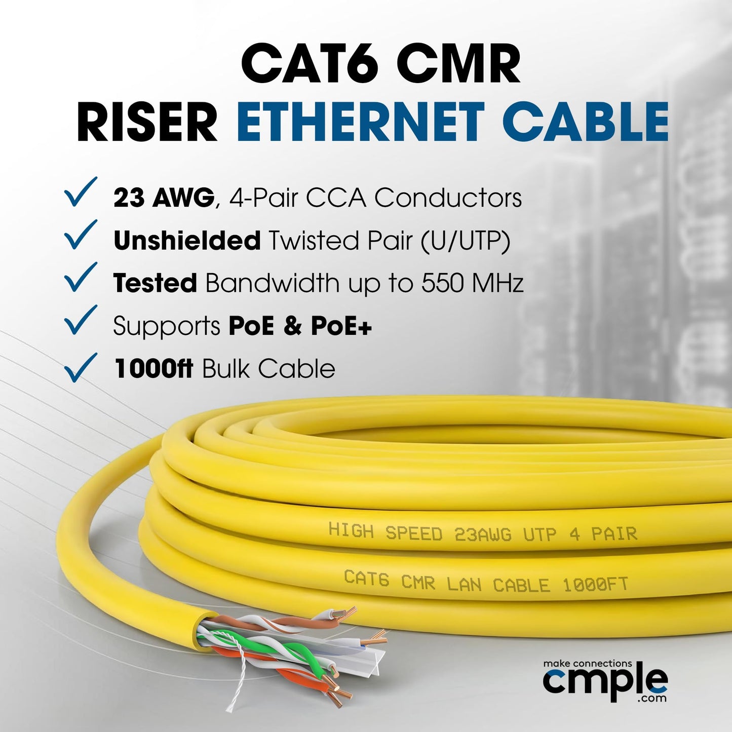 Cmple - Cat6 Cable 1000ft Bulk Lan Ethernet Cat 6 Wire Network UTP 23AWG CMR Riser 10Gbps 550 MHz Pull Box 1000 Feet, Black