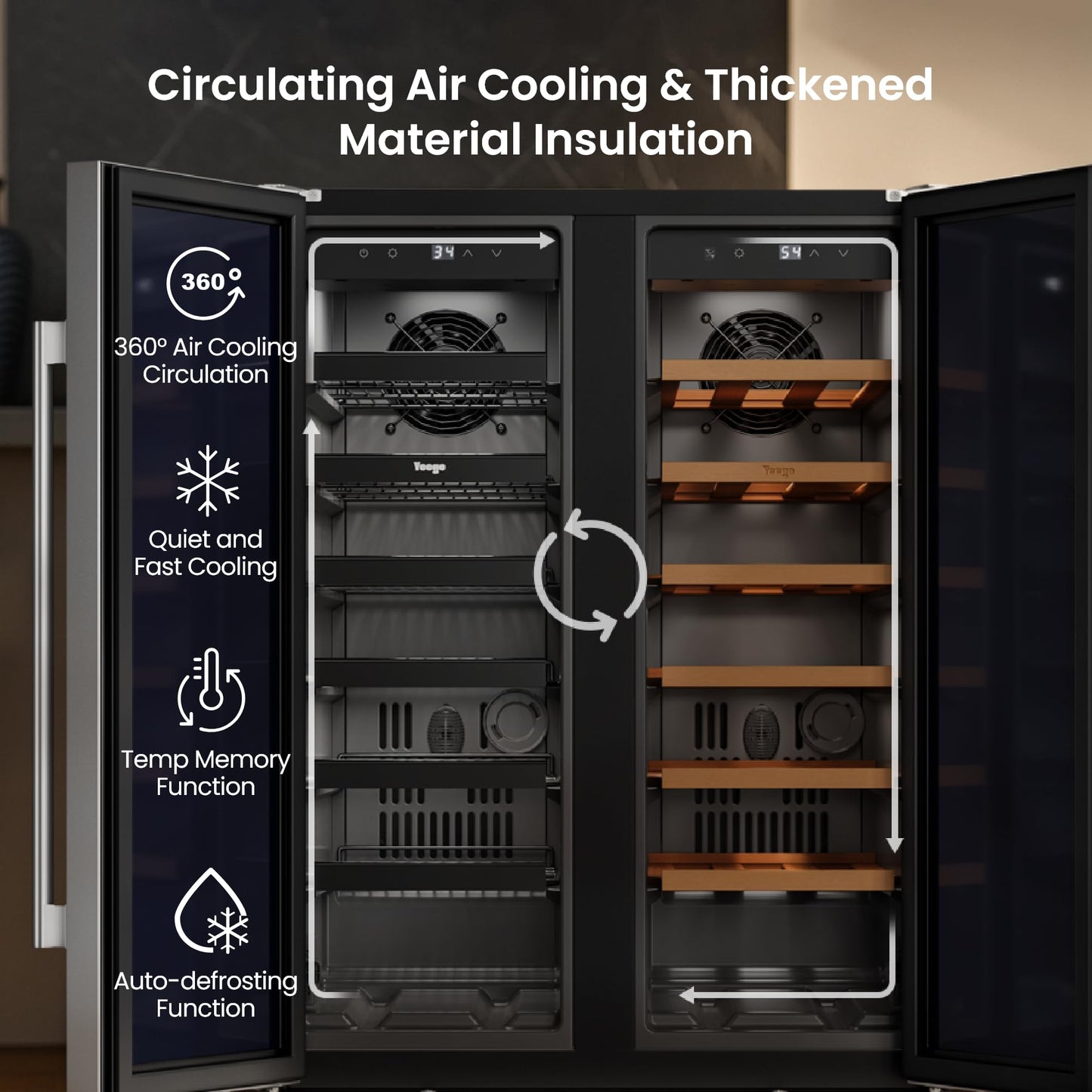 Yeego Wine Fridge Cooler - 24 Inch Dual Zone Wine Fridge Hold 52 Bottles, 40-65°F Wine Refrigerator Glass Door, Built in Fridge, Freestanding Adjustable Shelves Fridge for Beer Soda Drink Home Bar