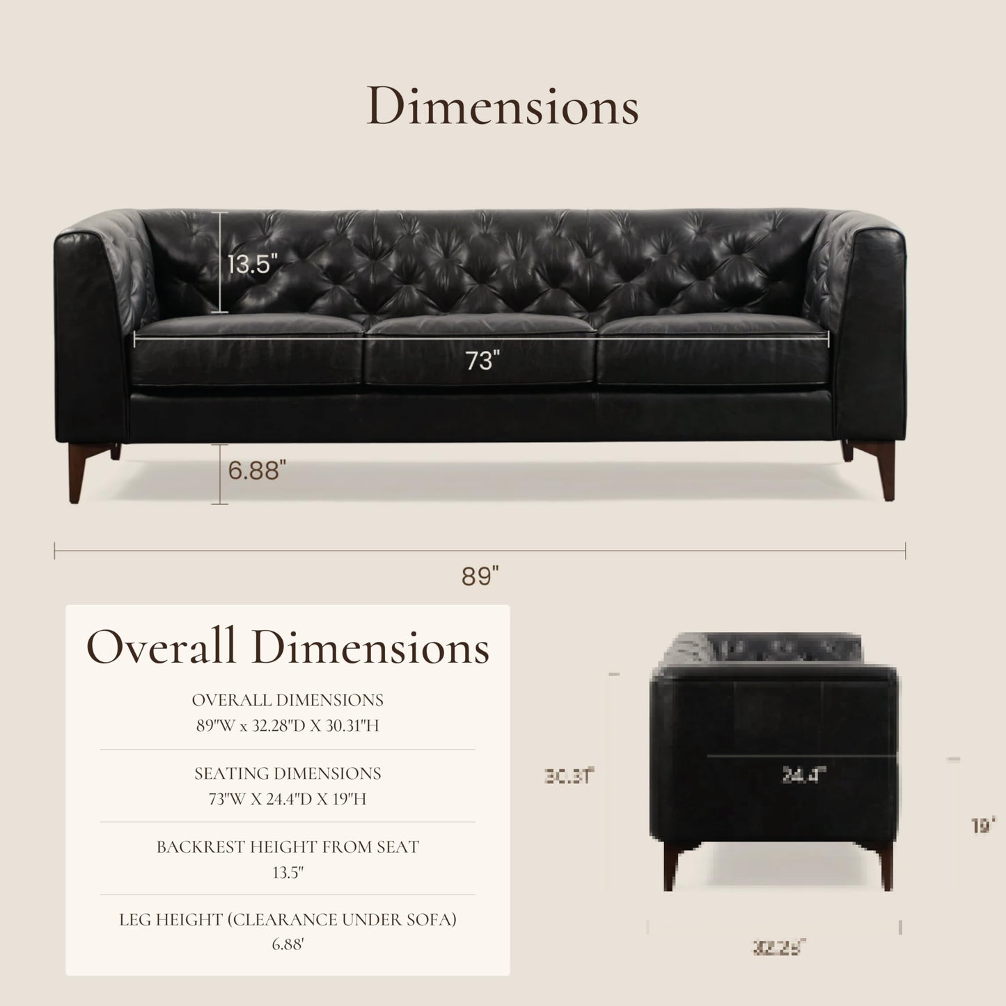 POLY & BARK Essex 89” Full-Grain Italian Leather Sofa – Tufted Back, Feather-Down Comfort, Solid Wood Frame, Cognac Tan