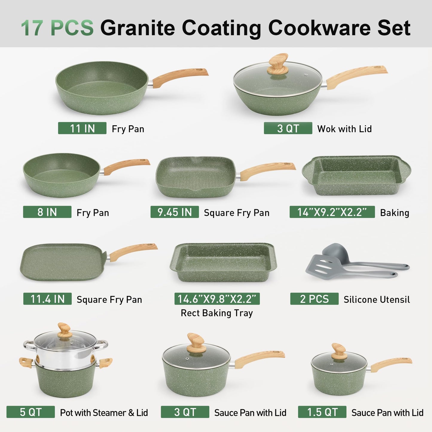 Kitchen Academy Induction Cookware Set Non Stick, 17Pcs Granite Pots & Pans | Nonstick Cooking Frying Pans for Induction Gas Electric Stove, Non-Toxic PFOA & PFOS Free, Black