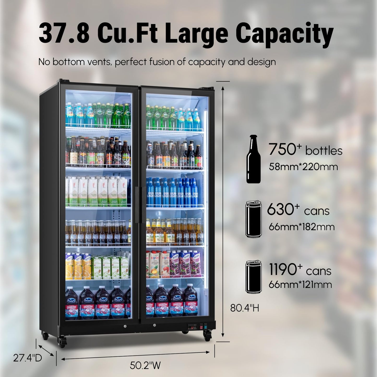 Yeego Commercial Refrigerators - 27.1 Cu.Ft 2 Glass Doors Commercial Beverage Refrigerator with LED Light & Adjustable Shelves, 32-50°F Commercial Cooler for Stores Bakery Bar Offices Restaurants