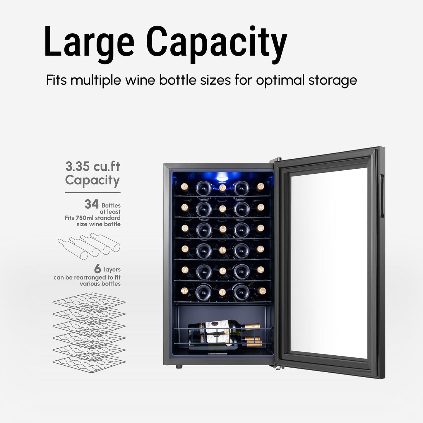 Yeego 34 Bottle Wine Fridge, Freestanding Compressor Wine Cooler Refrigerator, Wine Cellar with 38-65℉ Digital Temperature Control & Double-layer Glass Door for Red and White, Champagne, Black