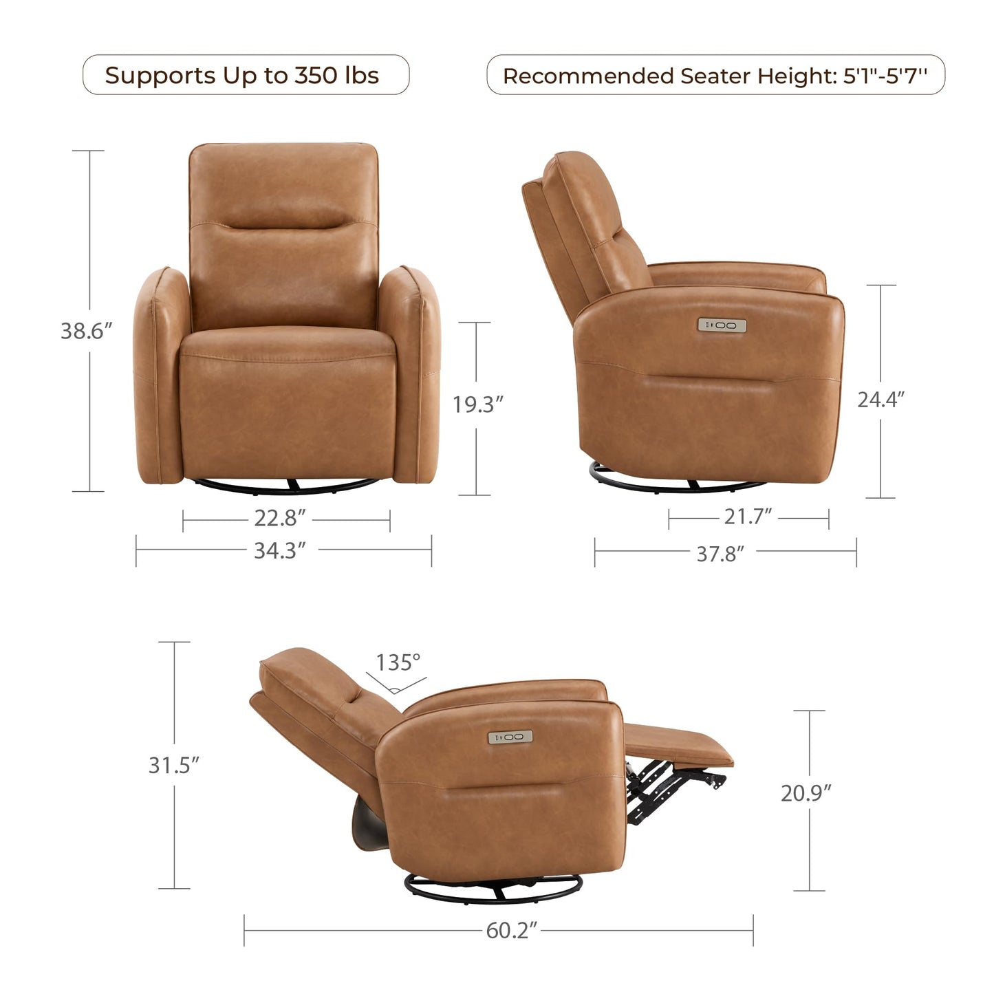 CHITA Faux Leather Power Recliner Chair, Swivel Glider Recliner for Adults, Nursery Rocking Chair with USB & Type-C Charging for Living Room, Bedroom, Creamy Grey