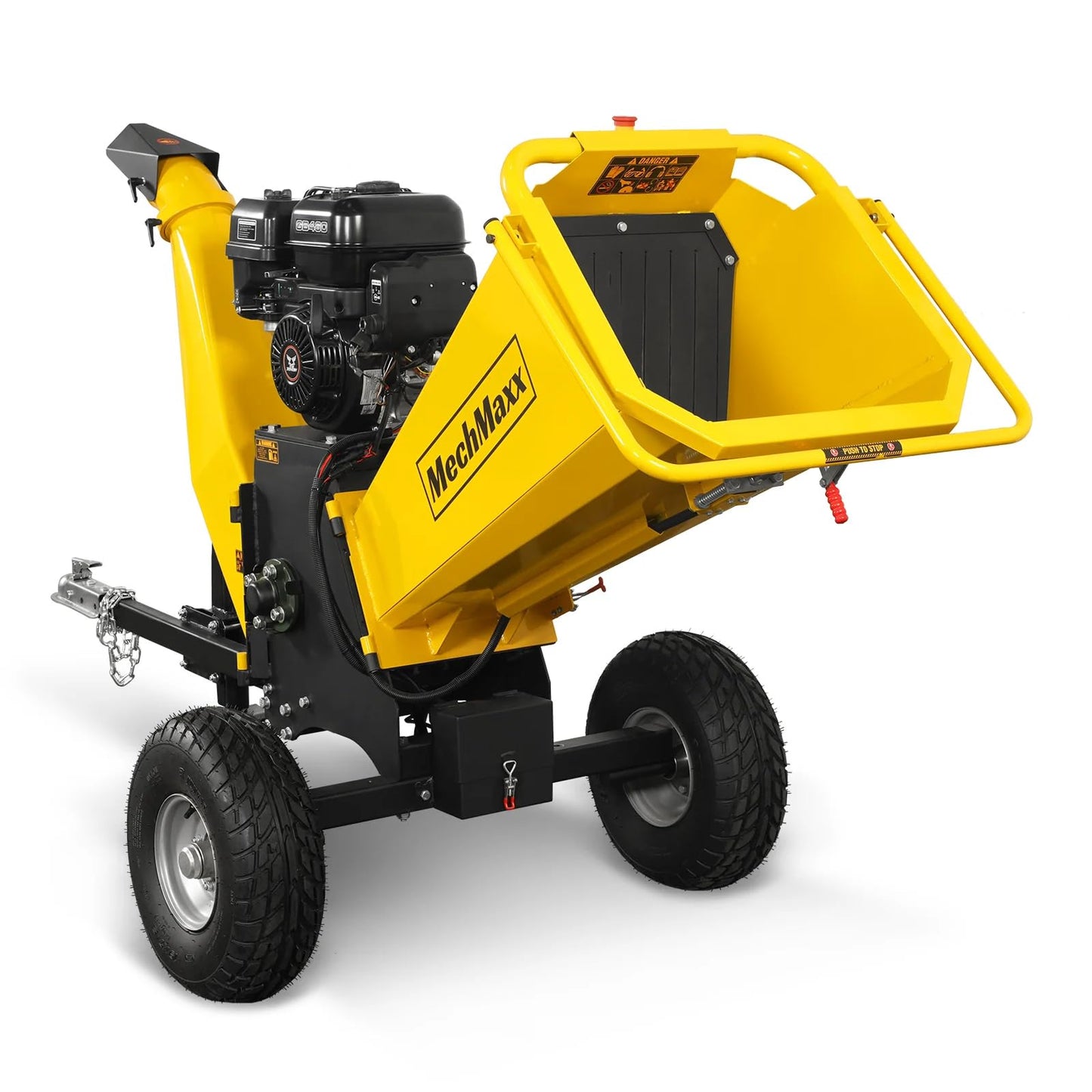 MechMaxx 6 inch ZONSEN 459cc 15hp E-Start Gas Powered 4-Wheels Wood Chipper Shredder Mulcher with Towbar/Tail Light/Emergency Stop Button/Stop Bar, Model B150 Red