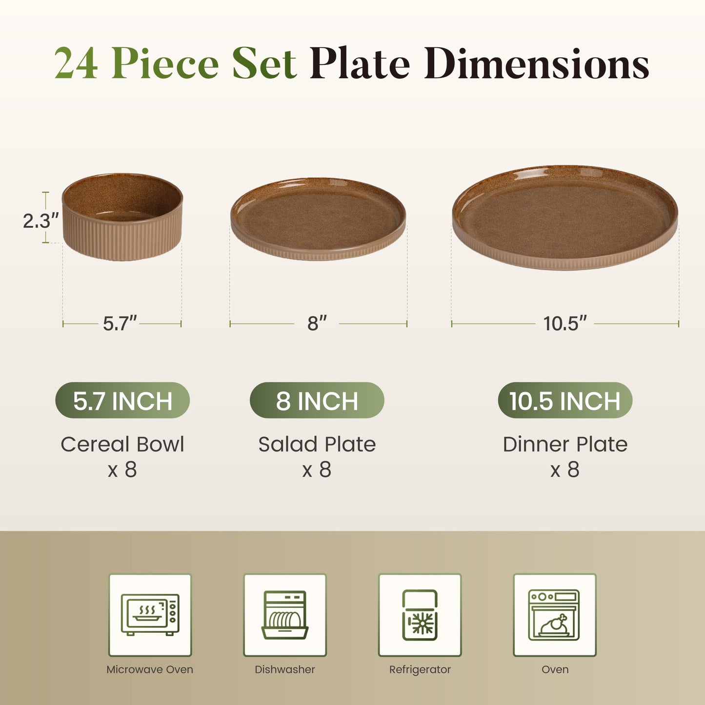 Kitchen Academy Brown Stoneawre Dinnerware Sets for 8, 24Pcs Ceramic Non Toxic Plates and Bowls Sets, Scratch Resistant Dishes, Oven & Microwave Safe