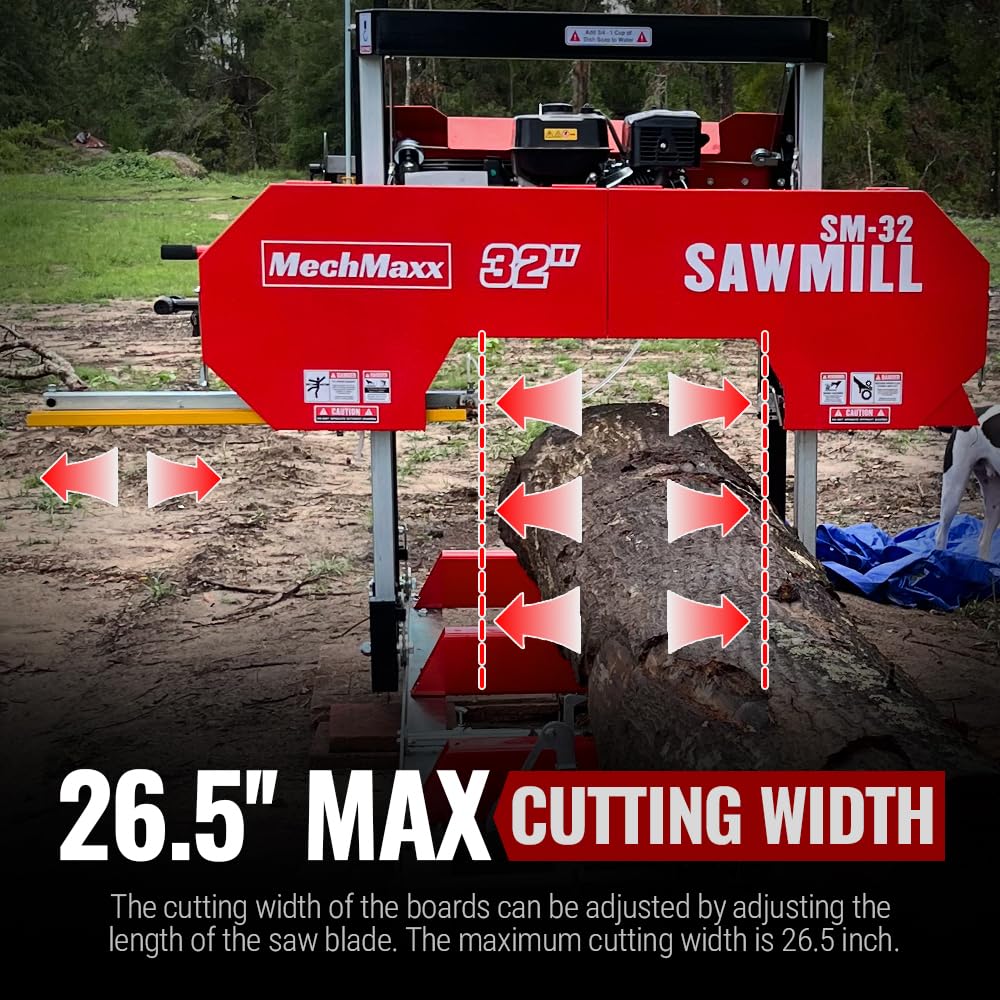 MechMaxx 32" Portable Sawmill, ZONSEN 459cc 15HP E-Start Gasoline Engine, 26.5" Board Width, 13' Track Length, Model SM-32