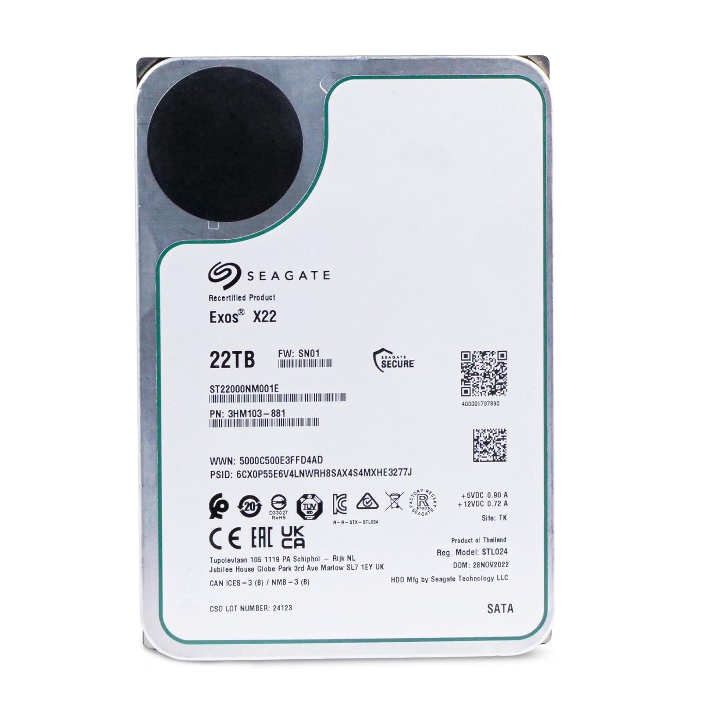 Seagate (Recertified) Exos X22 22TB Internal Hard Drive - 3.5 Inch Hyperscale SATA 6Gb/s HDD, 7200 RPM, 2.5M MTBF, 512e and 4Kn FastFormat, Low Latency with Enhanced Caching (ST22000NM001E)