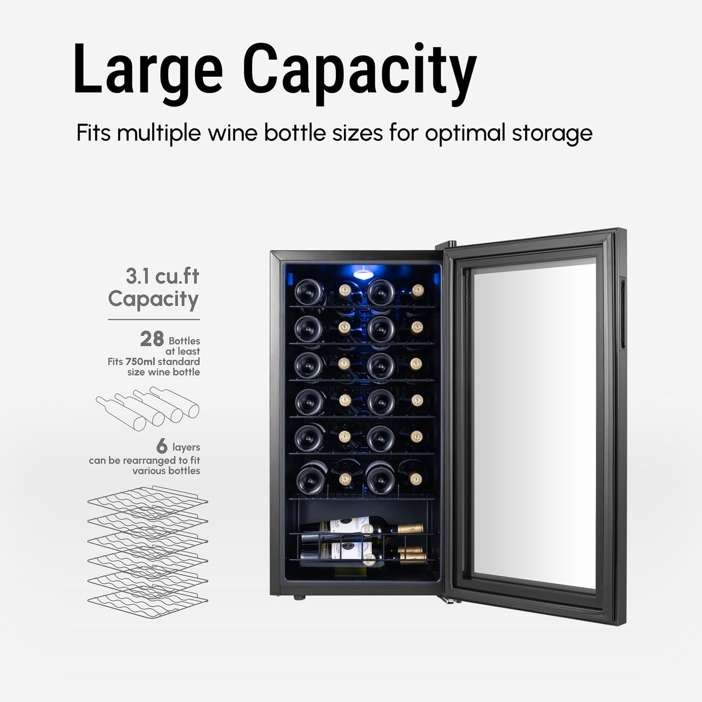 Yeego Wine Fridge – 34 Bottles Wine Cooler, 38–65℉ Digital Control with Double Glass Door & LED Light, Freestanding Wine Fridge Under Counter for Home Bar and Kitchen