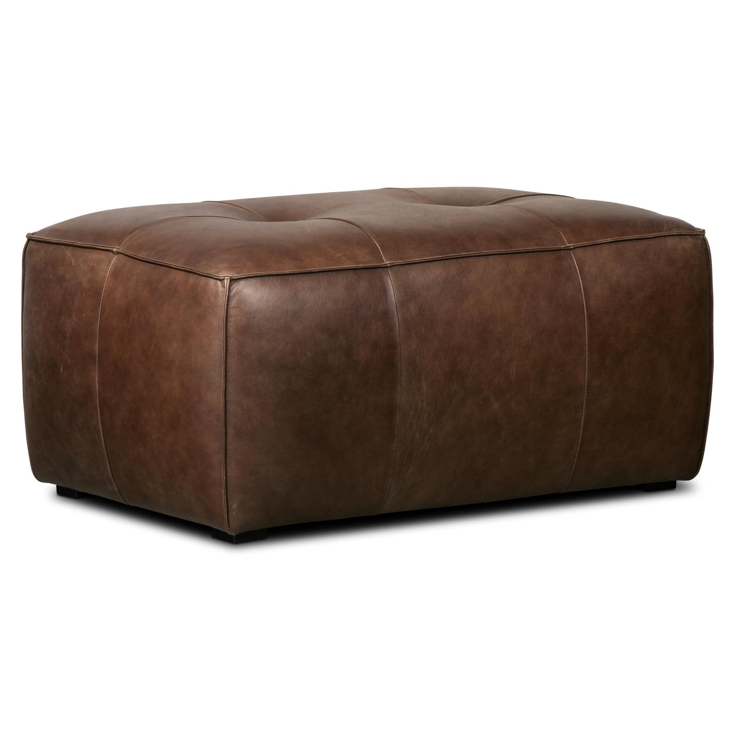POLY & BARK Denver Ottoman – 43" Large Pouf with Feather-Down Topper – Full-Grain Leather Upholstered Pouf Ottoman for Living Room – Vintage Italian Leather in Cognac Tan