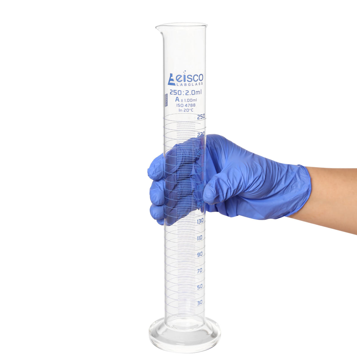 Graduated Cylinder, 100ml - Class A Tolerance ±0.50ml - Round Base - Blue Graduations - Borosilicate 3.3 Glass - Eisco Labs