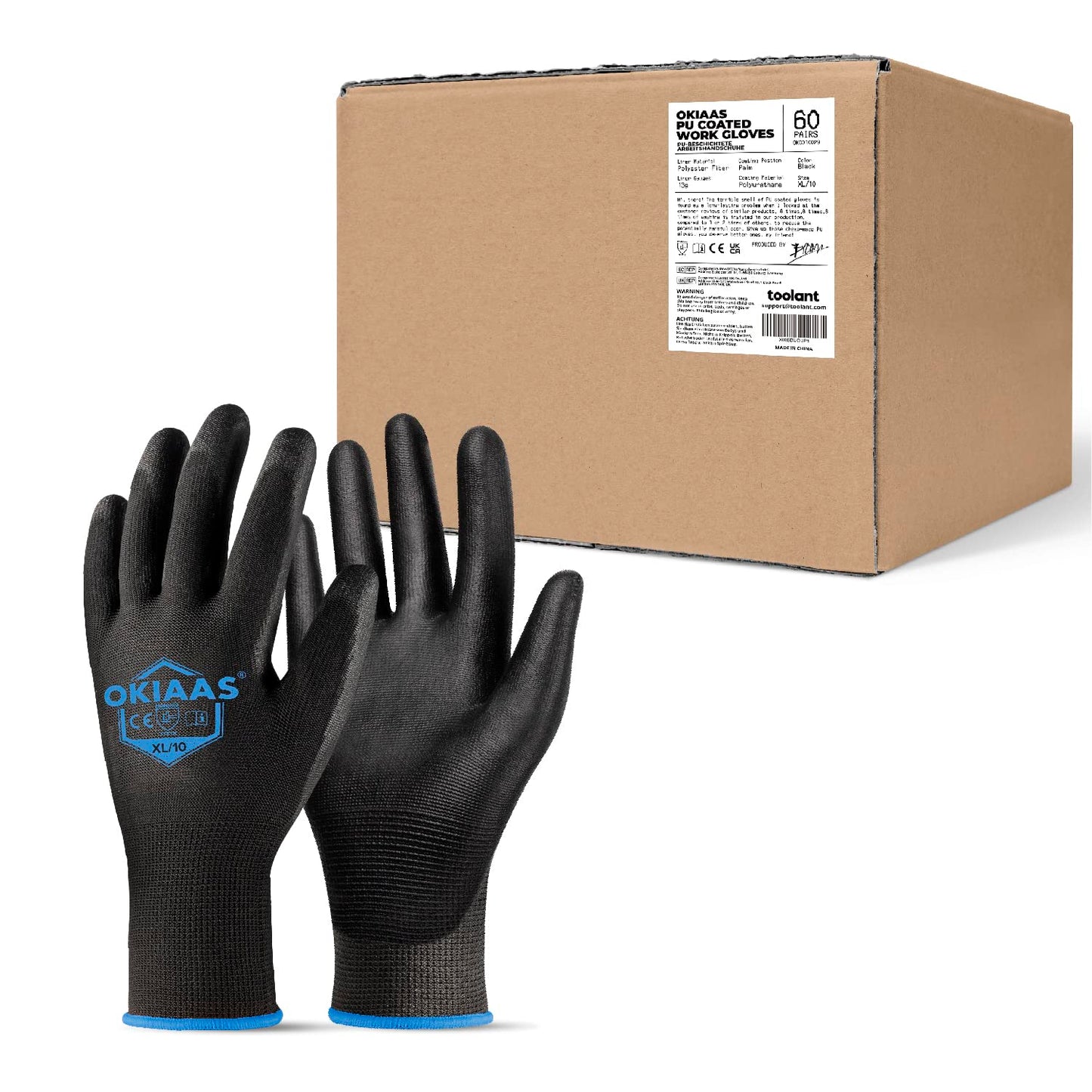 OKIAAS Work Gloves for Men,Ultra Thin and Lightweight Working Gloves with Grip,12 Pairs Bulk Pack Construction Gloves with Polyurethane Coating,Safety Gloves for Light Duty Work (Black, Large)