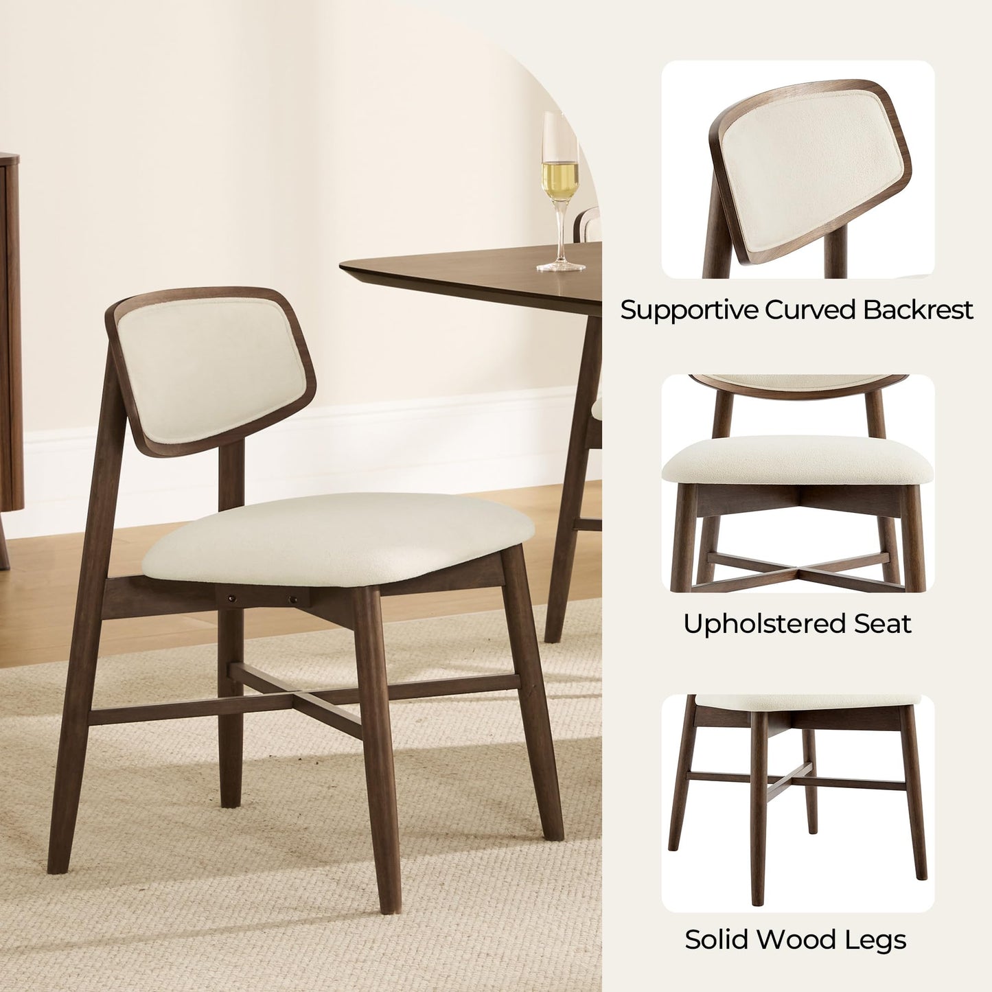 CHITA Soild Wood Dining Chairs Set of 4, Mid Century Modern Walnut Wood Kitchen Chairs with Curved Backrest, Dining Room Chair for Kitchen, Restaurant
