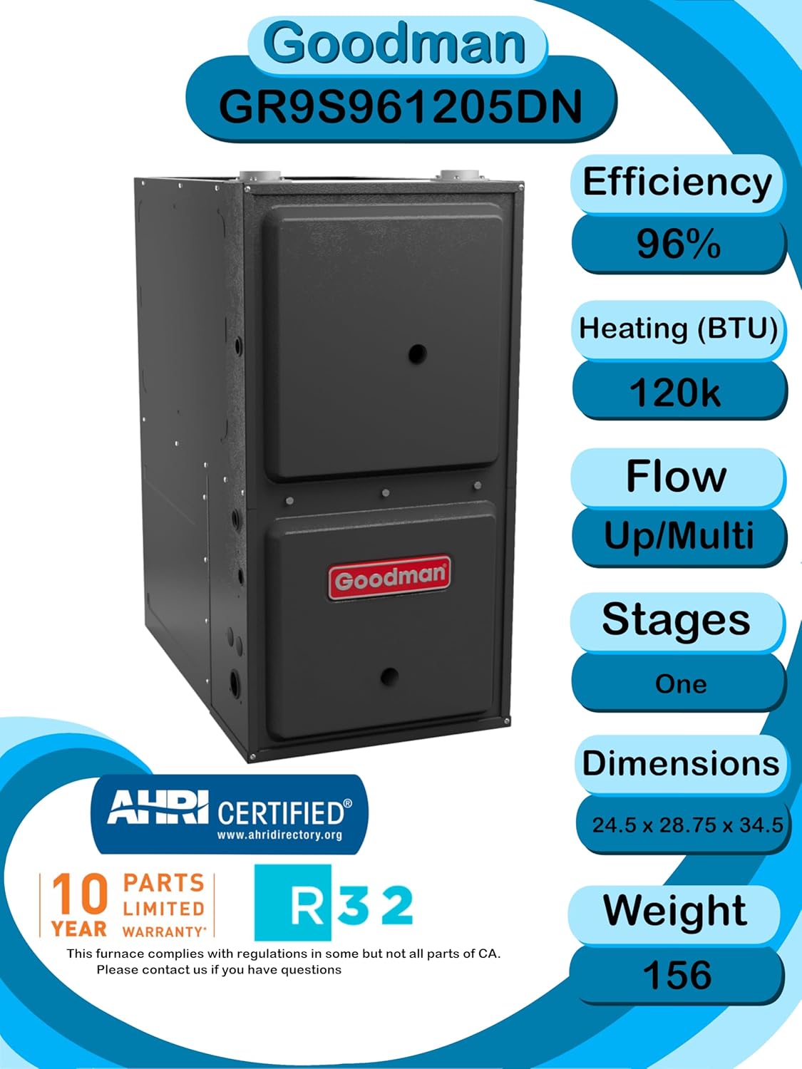 Goodman 4 ton 14.5 SEER2 Complete Split System with upflow coil and single stage 96% AFUE 120k BTU furnace with install accessories! (GLXS4BA4810 CAPTA6030D3 GR9S961205DN)