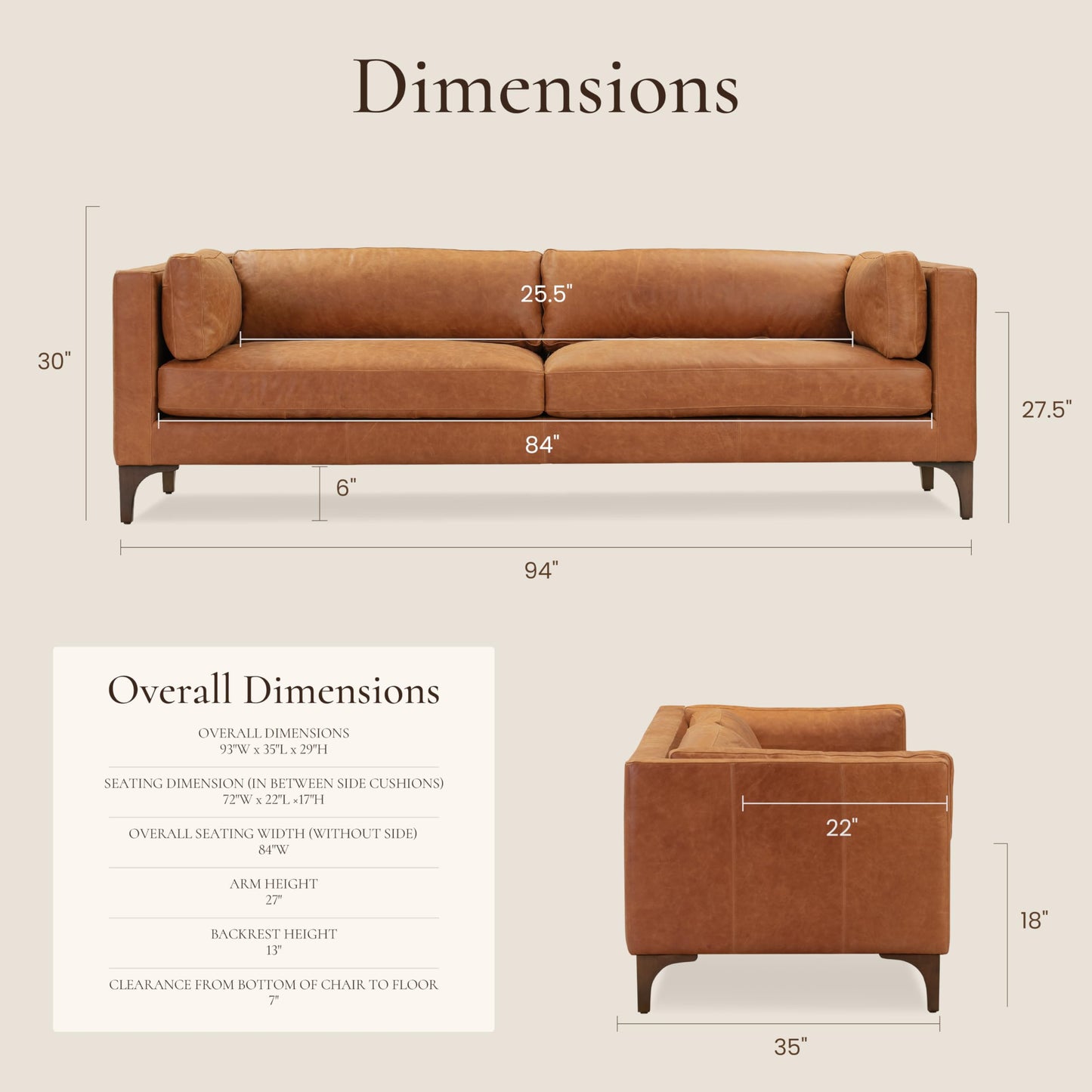 POLY & BARK Capa 96.5" Sofa – Chocolate Brown Full-Grain Pure-Aniline Italian Leather, Boxy Modern Design, Feather-Fiber Cushions, Solid Wood Frame