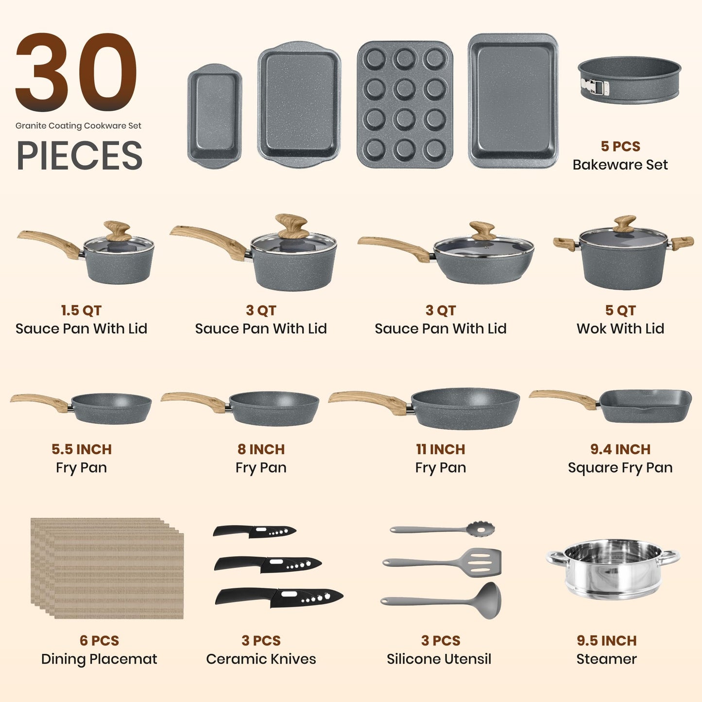 Kitchen Induction Cookware & Bakeware Set - 30 Piece Black Granite Cooking Pans Set, Non-Stick Pots and Pans Set