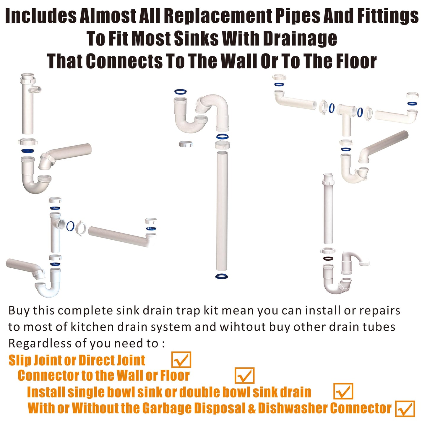 (5-Pack) Kitchen Sink Drain Kit,1-1/2”,for Most Kitchen Sink Drain Repair Kit and Bathroom Sink Drain Kit, Kitchen Sink P Trap Drain Kit 1 1/2”, Completed Sink Pipe Replacement Kit