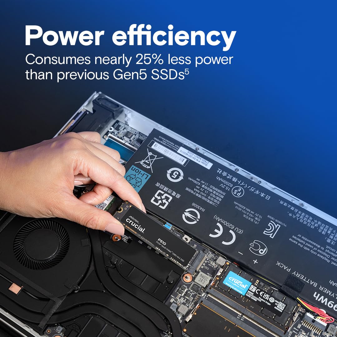 Crucial P510 PCIe Gen5 NVMe 2TB SSD with Heatsink, Up to 10,000MB/s, TLC NAND, Laptop & Desktop (PC) Compatible, for Gamers & Creatives, Solid State Drive – CT2000P510SSD5-01