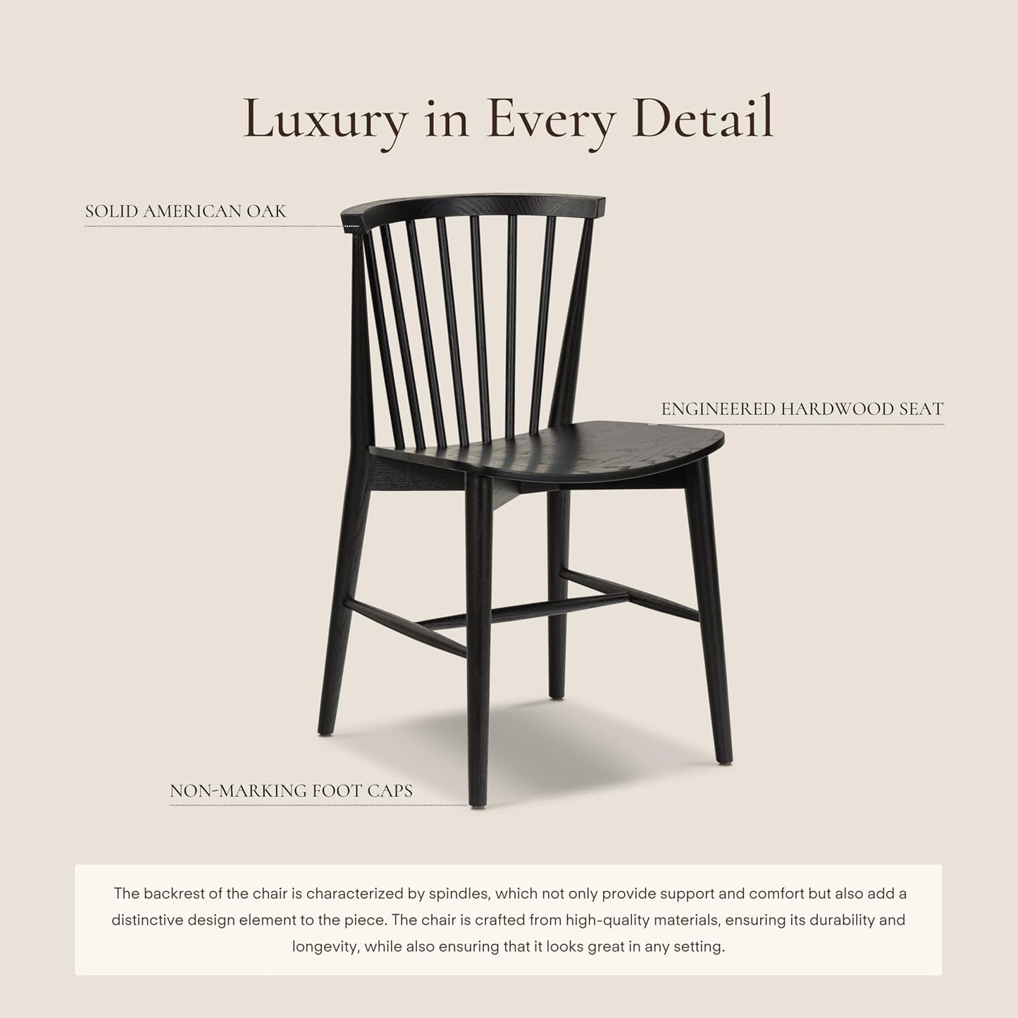 Poly & BARK Ligna Dining Chair Black – Mid-Century Inspired Chair with Sculpted Spindle Back – Solid American Walnut Frame and Engineered Wood Veneered Seat – Fully Assembled and Ready to Use