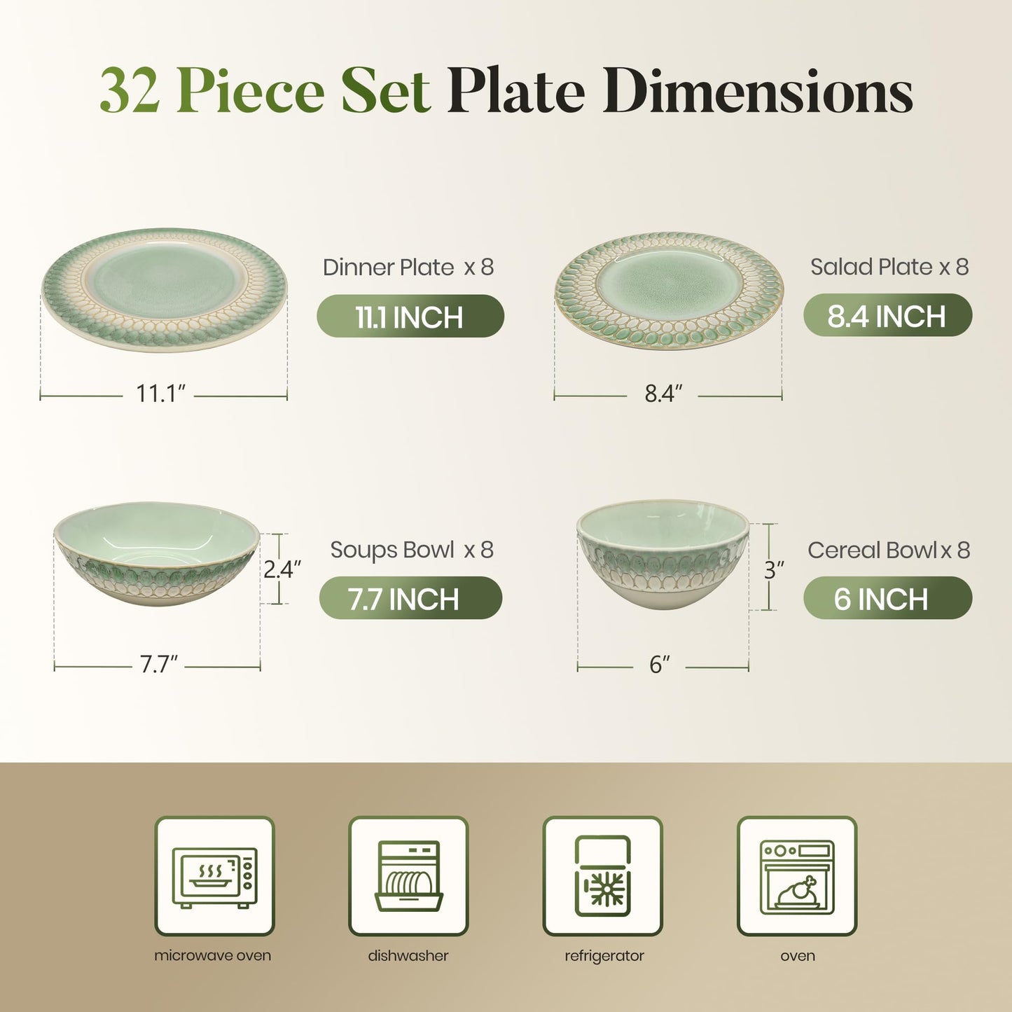 Kitchen Academy Stoneware Dinnerware Sets for 8, Embossed Ceramic Plates and Bowls Set, Beige Dishes
