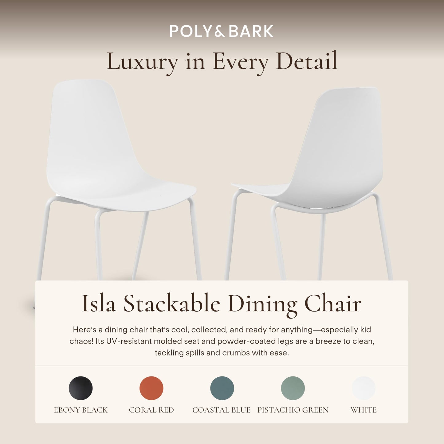 POLY & BARK Isla Modern Dining Chairs Set of 4 – Mid Century Modern Plastic Dining Chair with Metal Legs – Kitchen & Dining Room Chairs – Indoor/Outdoor – White