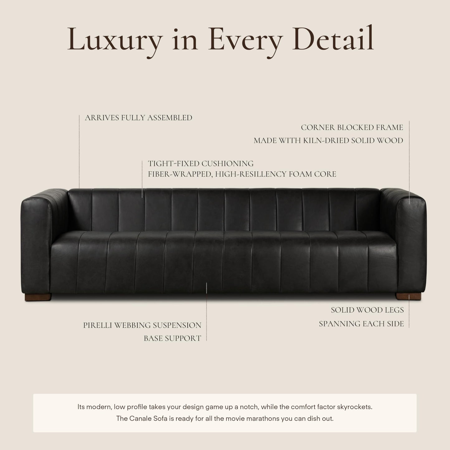 POLY & BARK Capa 96.5" Sofa – Chocolate Brown Full-Grain Pure-Aniline Italian Leather, Boxy Modern Design, Feather-Fiber Cushions, Solid Wood Frame