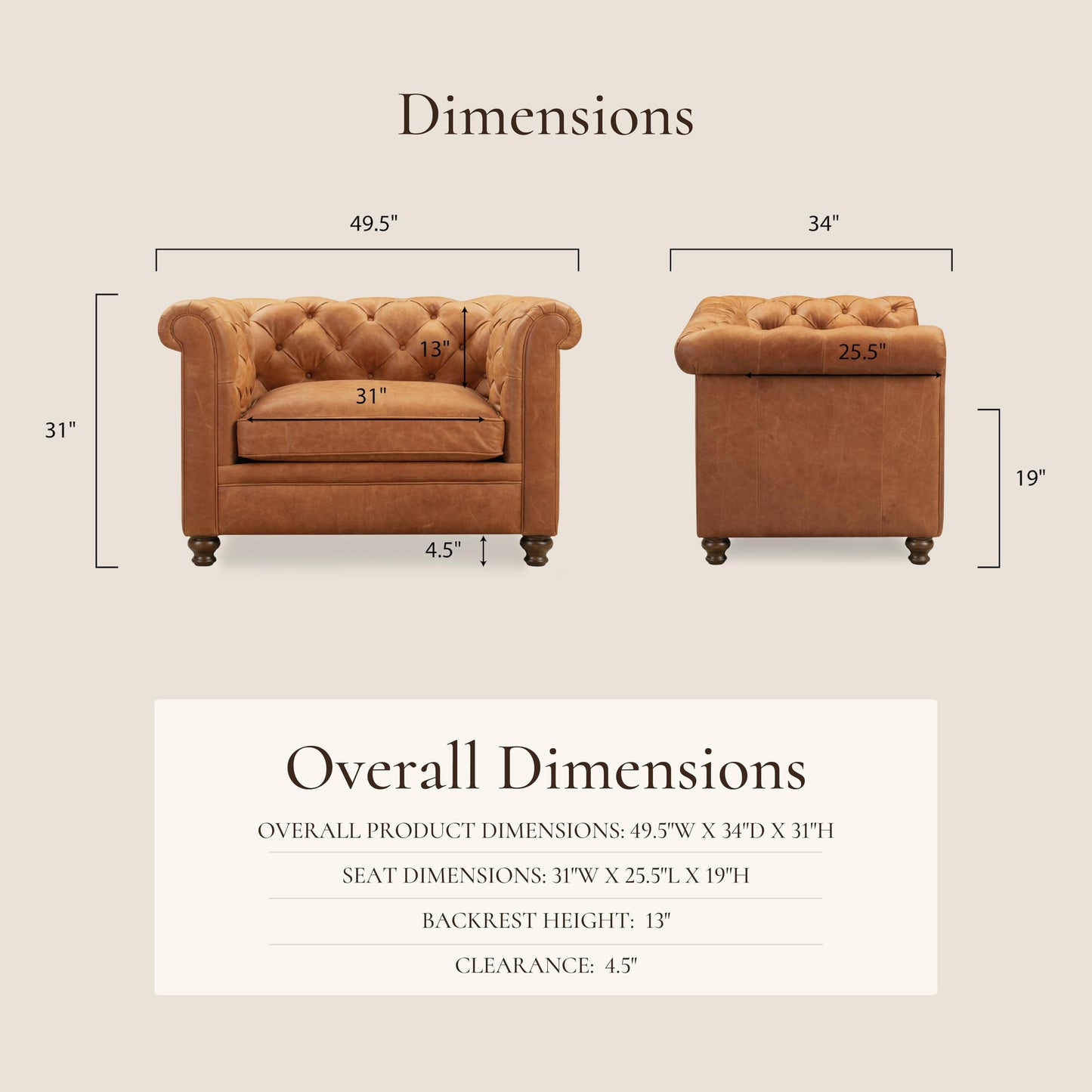 Poly & BARK Rowan Lounge Chairs Set of 2 – Mid Century Modern Leather Armchairs with Ribbed Seat and Solid Ash Wood Frame, Cognac Tan