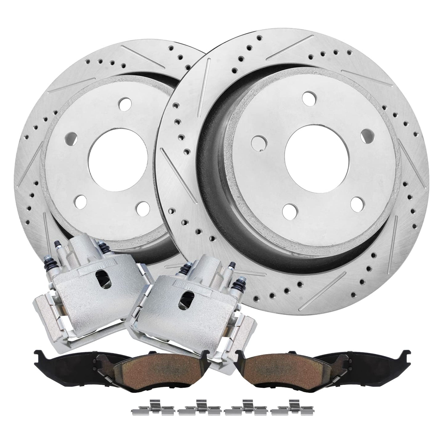 Detroit Axle - Front Brake Kit for Chevy GMC Silverado Suburban Sierra Savana Express 1500 Tahoe Yukon XL Cadillac Escalade ESV EXT Drilled Slotted Disc Brake Rotors Ceramic Brakes Pads Replacement