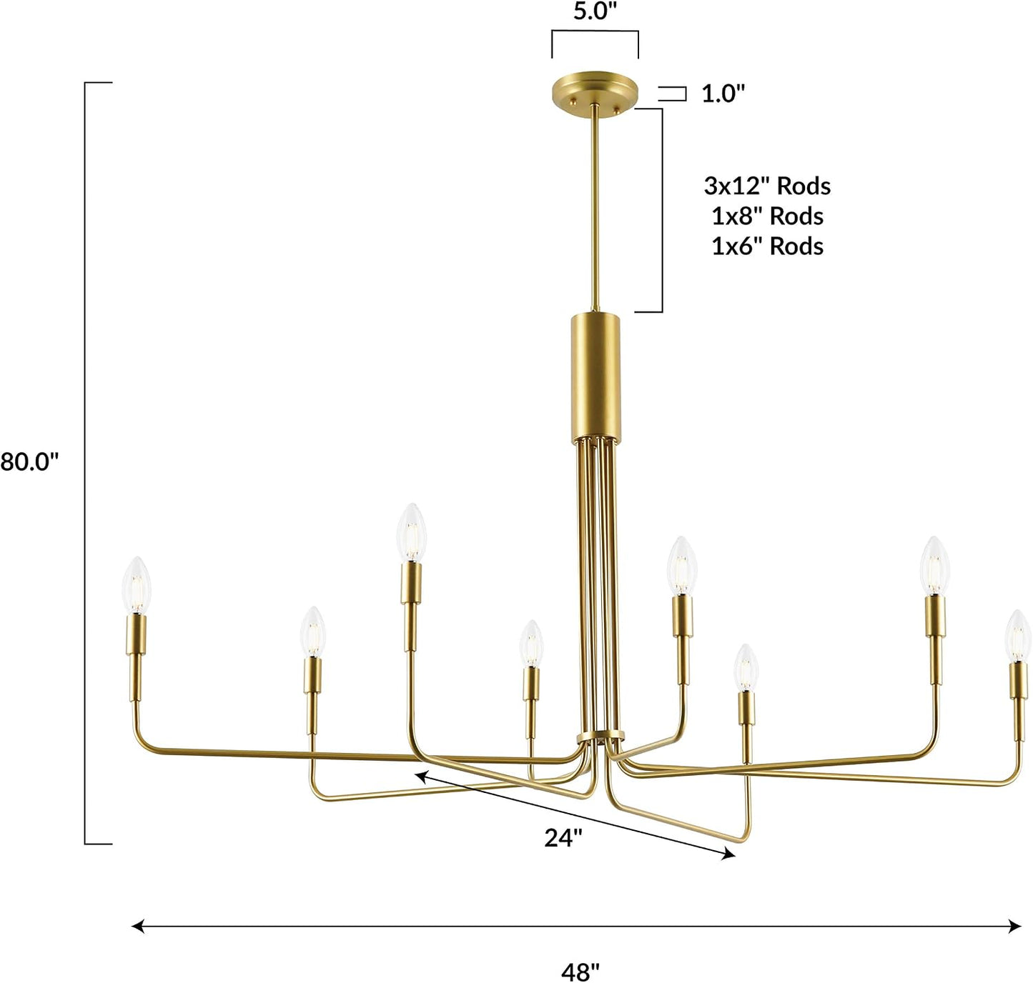 Light Society Bella 8-Light Candelabra Chandelier, Brushed Brass Finish, Contemporary Mid Century Modern Style Lighting Fixture