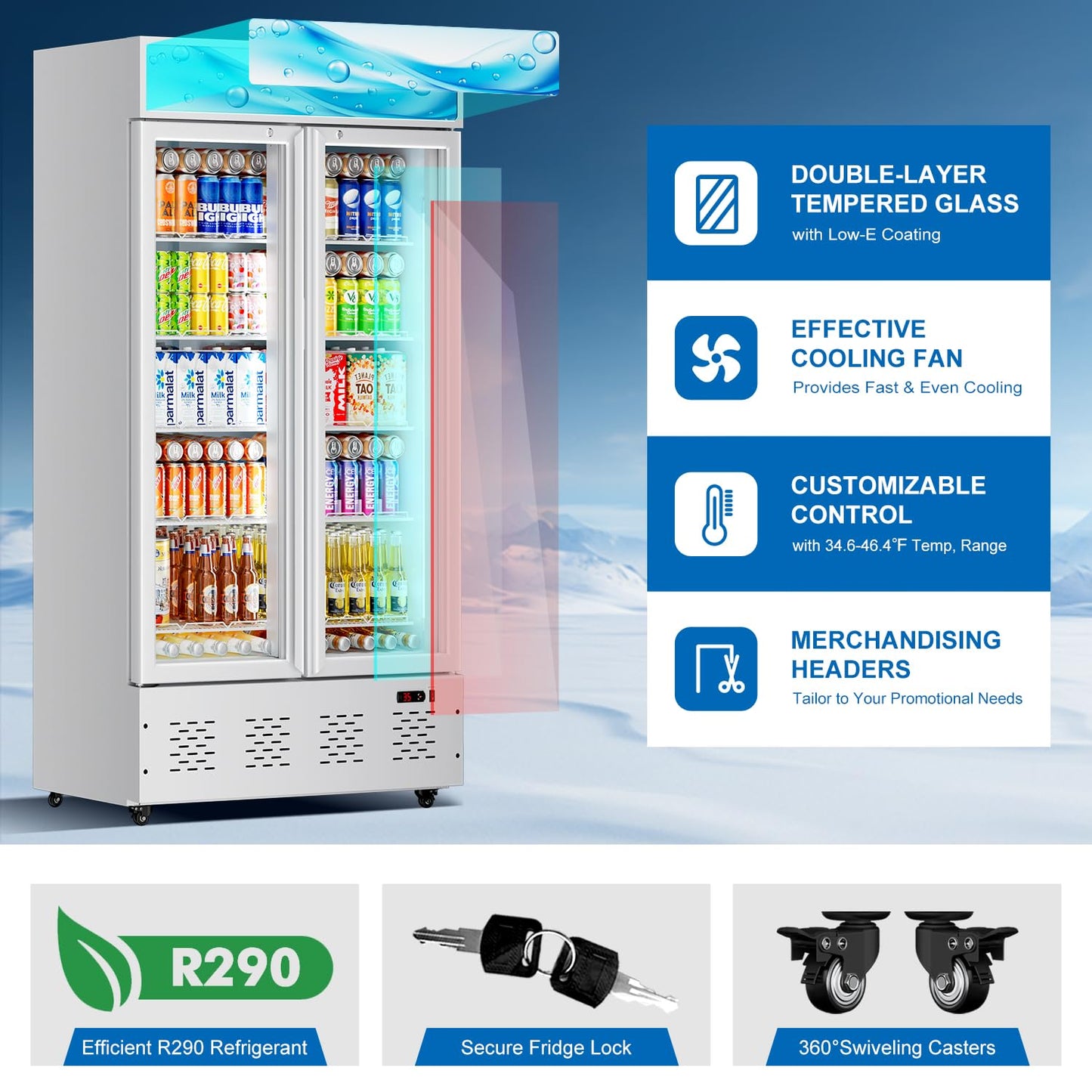 26.8'' W Commercial Beverage Refrigerator, 15 Cu.ft Upright Display Merchandiser Cooler Fridge with LED Light, Adjustable Shelves & Lockable Door for Restaurant Grocery Stores Home, White