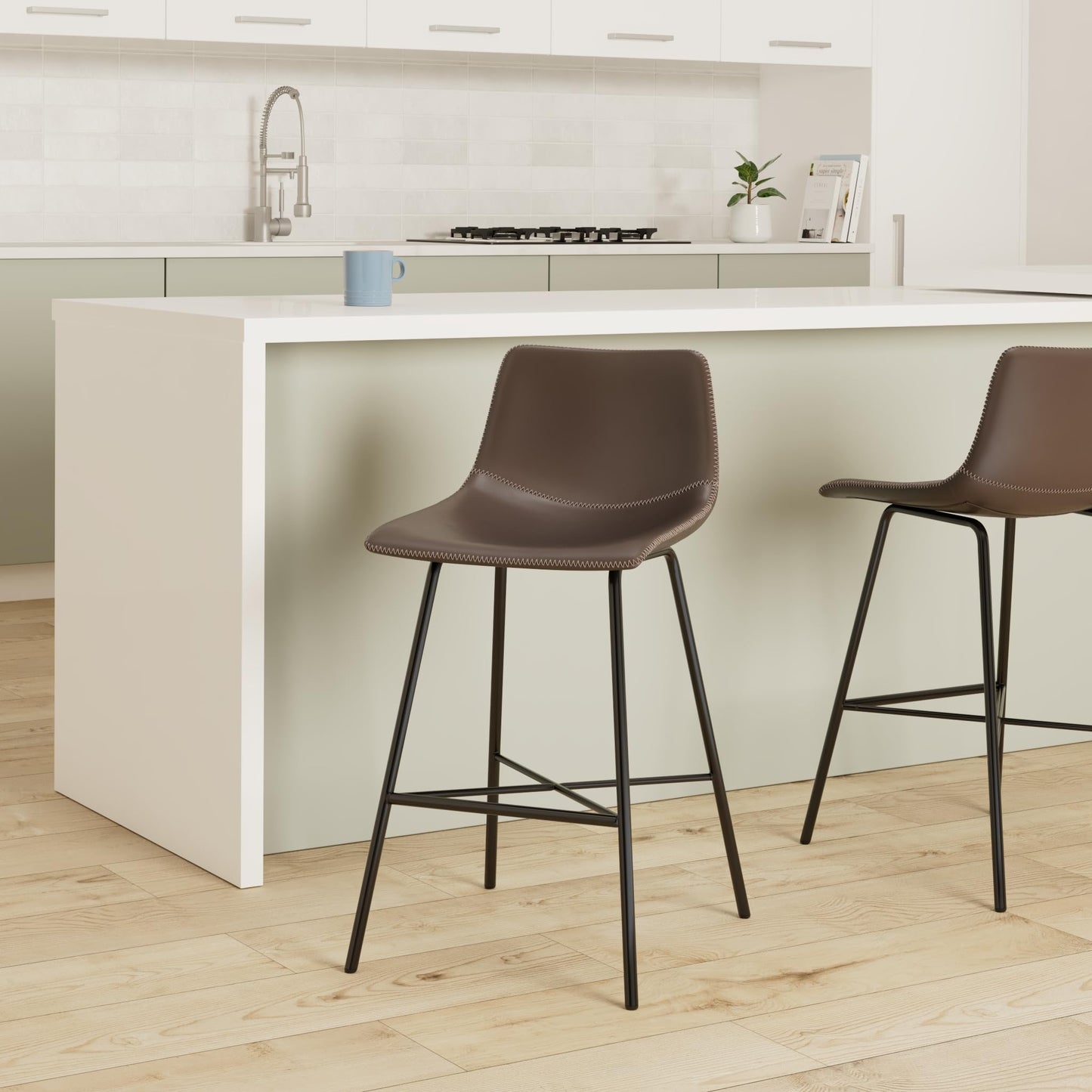POLY & BARK Paxton Leather Counter Stools 24 Inches – Set of 2 - Counter Height Bar Stools with Back – Modern Barstools for Kitchen Island or Counters – Faux Leather & Matte Black Steel Base – Tan