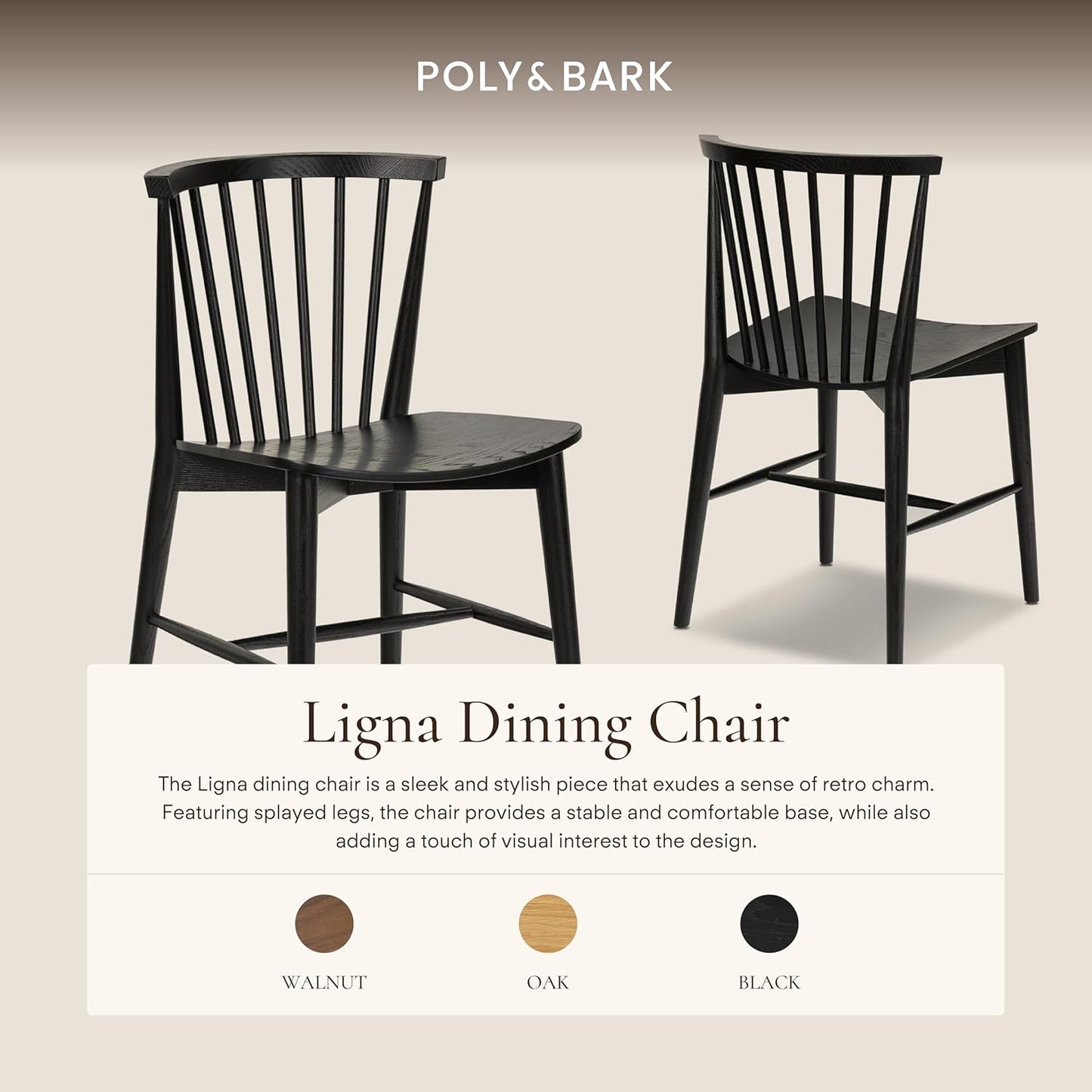 Poly & BARK Ligna Dining Chair Black – Mid-Century Inspired Chair with Sculpted Spindle Back – Solid American Walnut Frame and Engineered Wood Veneered Seat – Fully Assembled and Ready to Use