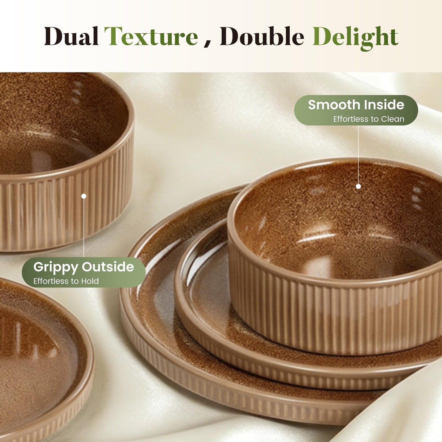 Kitchen Academy Brown Stoneawre Dinnerware Sets for 8, 24Pcs Ceramic Non Toxic Plates and Bowls Sets, Scratch Resistant Dishes, Oven & Microwave Safe