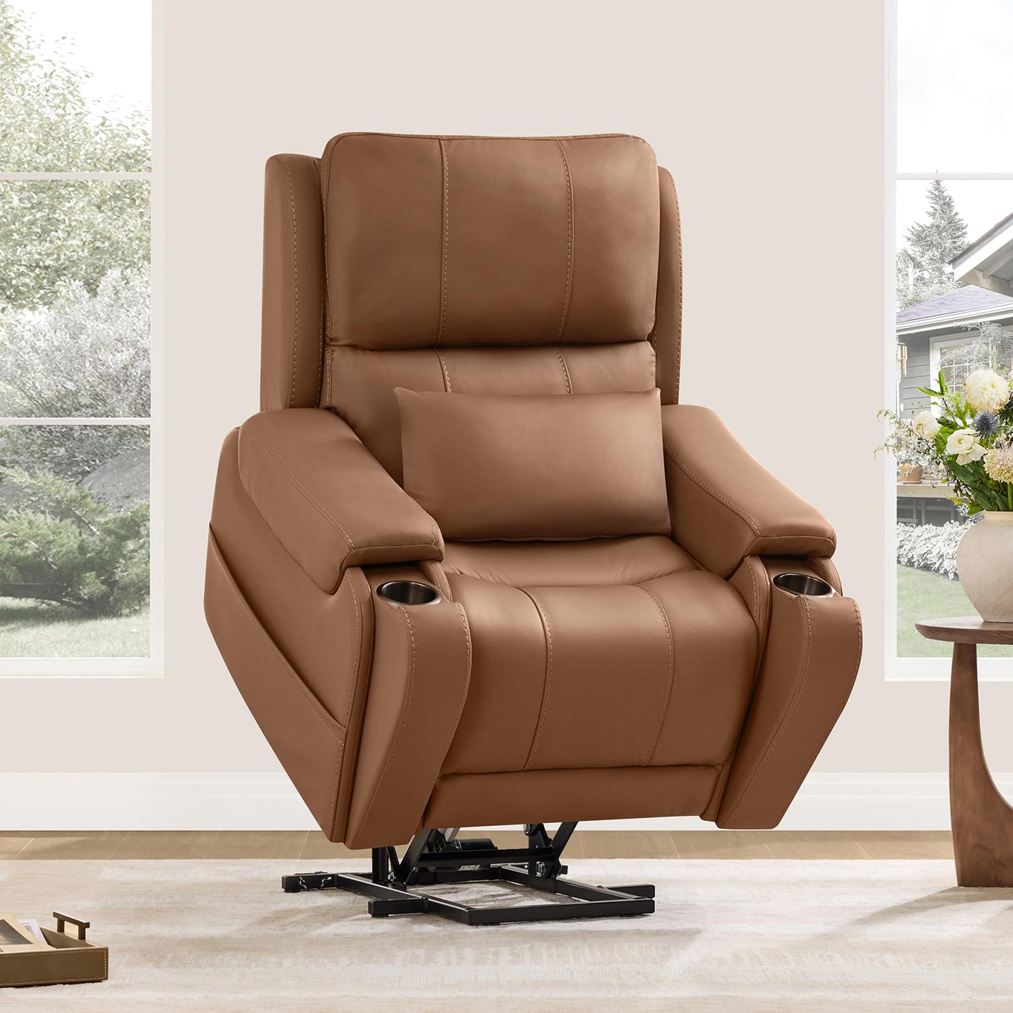 CHITA Power Lift Recliner Chair for Elderly with Heat and Massage, Genuine Leather Electric Lift Chairs with Cup Holder, Removable Lumbar Pillow, 2 Side Pockets, Leather in Navy