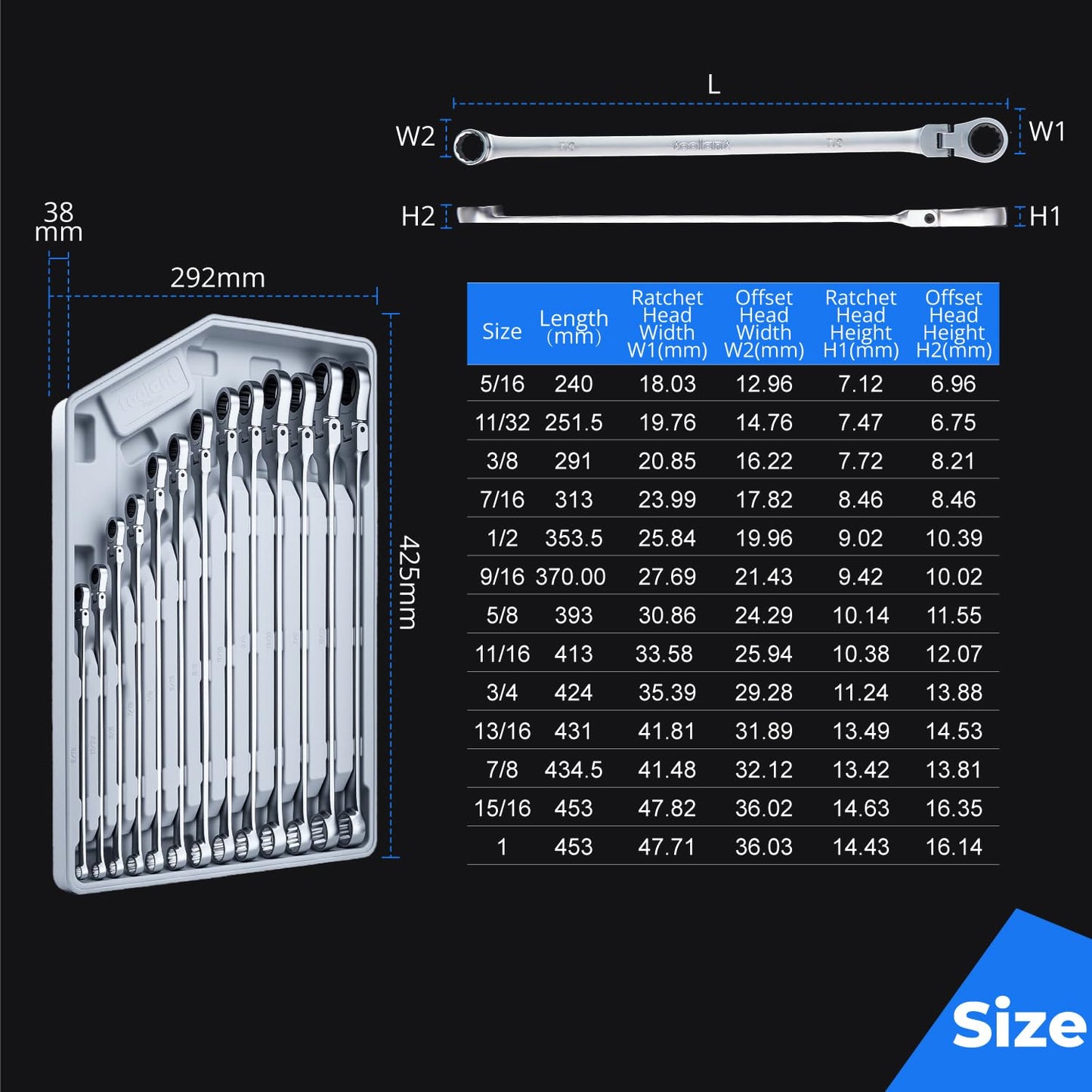 toolant 10mm Extra Long Ratcheting Wrench, Flex Head & Fixed Offset Head Double Box End Combination Wrench, CR-V Steel