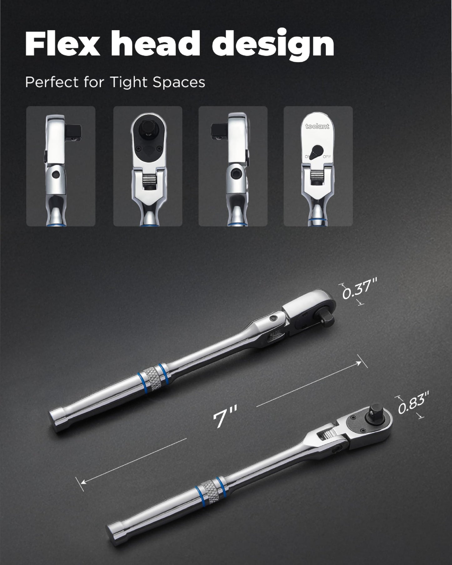 toolant 3/8" Drive Flex Head Ratchet Wrenches, 90 Tooth Compact Flex Head Socket Ratchet Wrench, 12 Inch Length