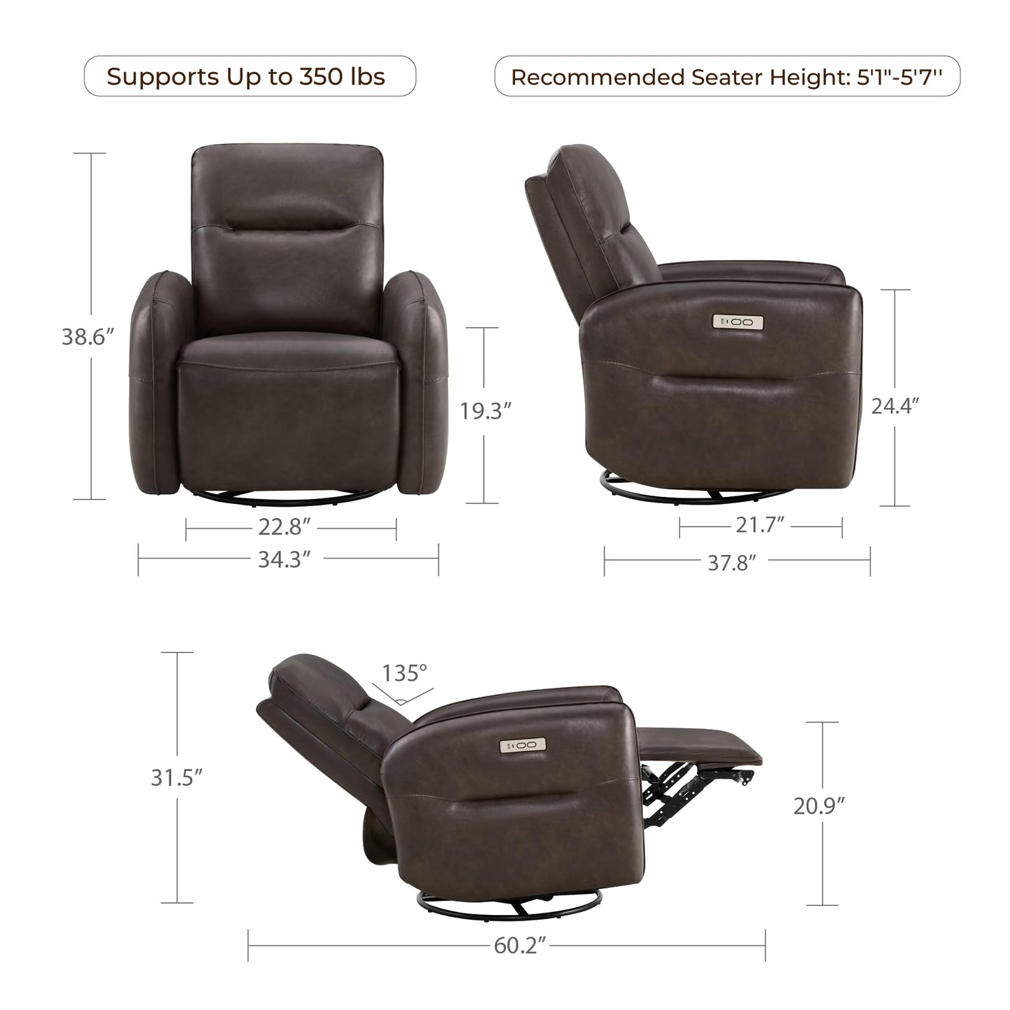 CHITA Faux Leather Power Recliner Chair, Swivel Glider Recliner for Adults, Nursery Rocking Chair with USB & Type-C Charging for Living Room, Bedroom, Creamy Grey