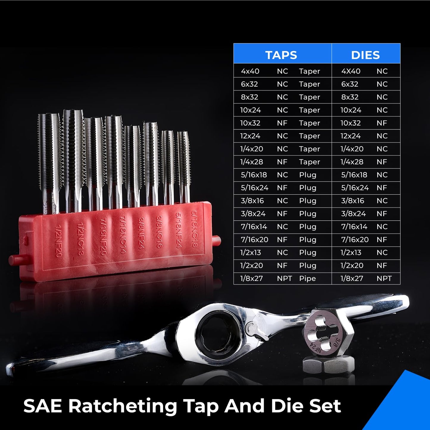 toolant 127 Piece Ratcheting Tap and Die Set, SAE/Metric Tap and Die Set with Assortment Drill Bit for Threading, Double-Layer Tool Box