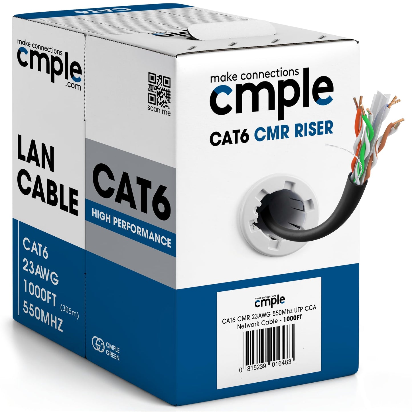Cmple - Cat6 Cable 1000ft Bulk Lan Ethernet Cat 6 Wire Network UTP 23AWG CMR Riser 10Gbps 550 MHz Pull Box 1000 Feet, Black